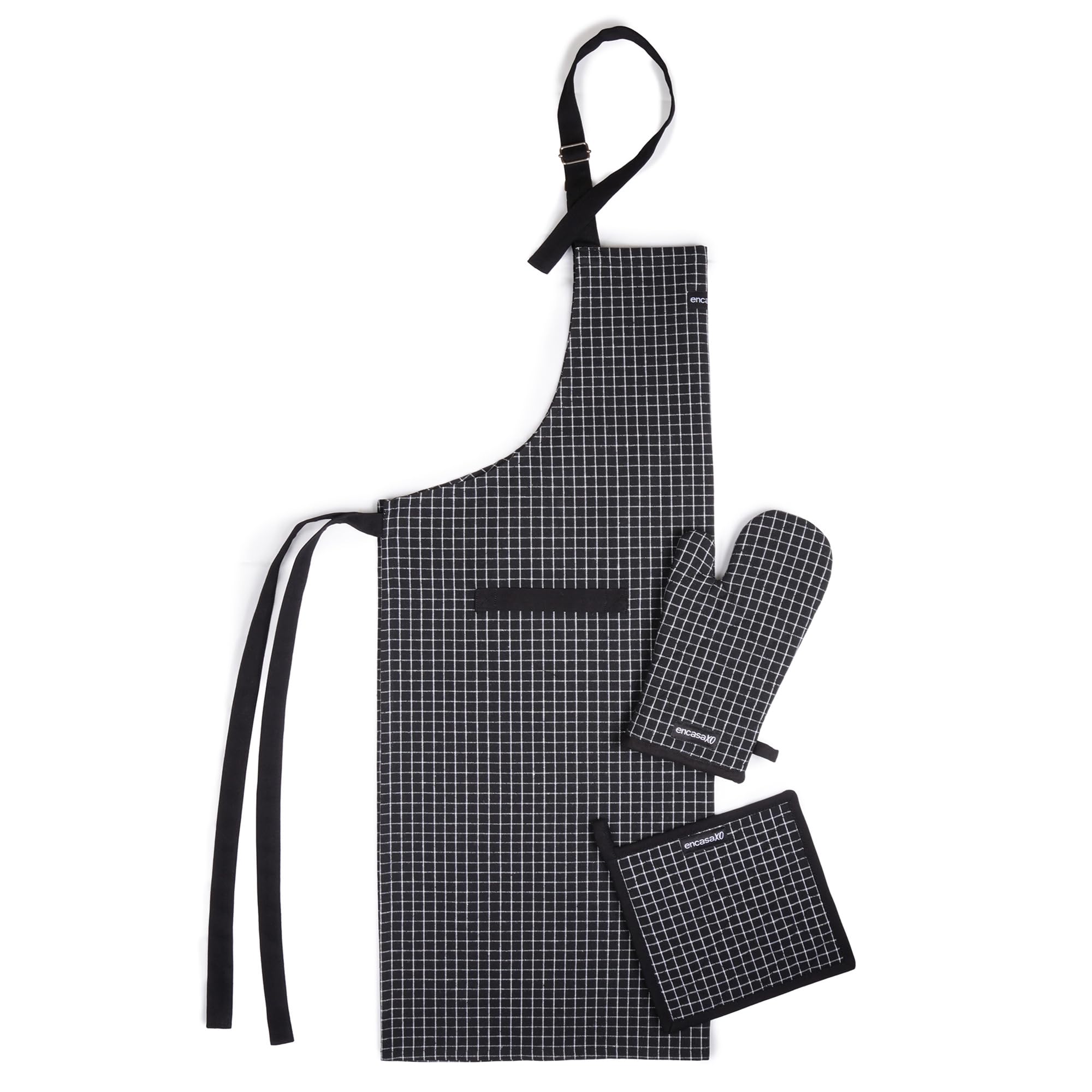 Encasa Xo Kitchen Apron With Oven Gloves & Potholder  Combo Set 100% Cotton  Heat Resistant | Butcher Checks Black (3 Pcs Set