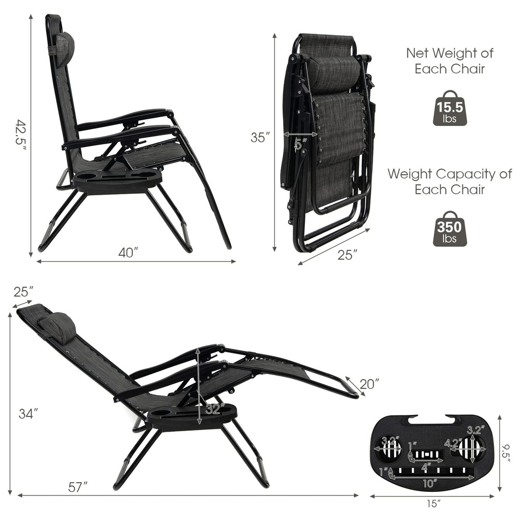Goplus Zero Gravity Chair, Adjustable Folding Reclining Lounge Chair With Pillow And Cup Holder, Patio Lawn Recliner For Outdoor Indoor Pool Camp Yard (Grey, Set Of 2)