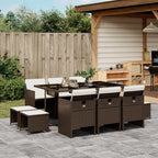 vidaXL 11-Piece Patio Dining Set with Cushions in Brown Poly Rattan - Outdoor Garden, Deck, Backyard Furniture with Foldable Chairs and Tempered Glass Tabletop