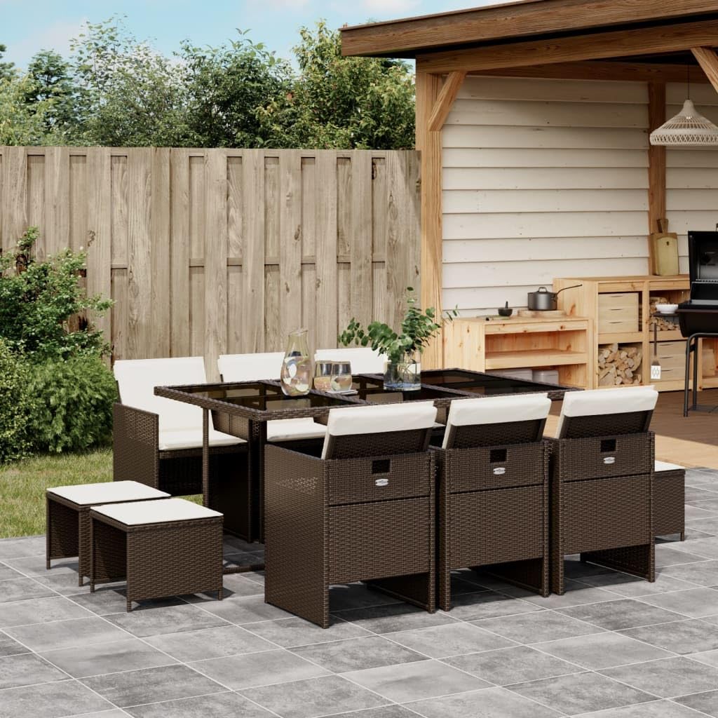 vidaXL 11-Piece Patio Dining Set with Cushions in Brown Poly Rattan - Outdoor Garden, Deck, Backyard Furniture with Foldable Chairs and Tempered Glass Tabletop