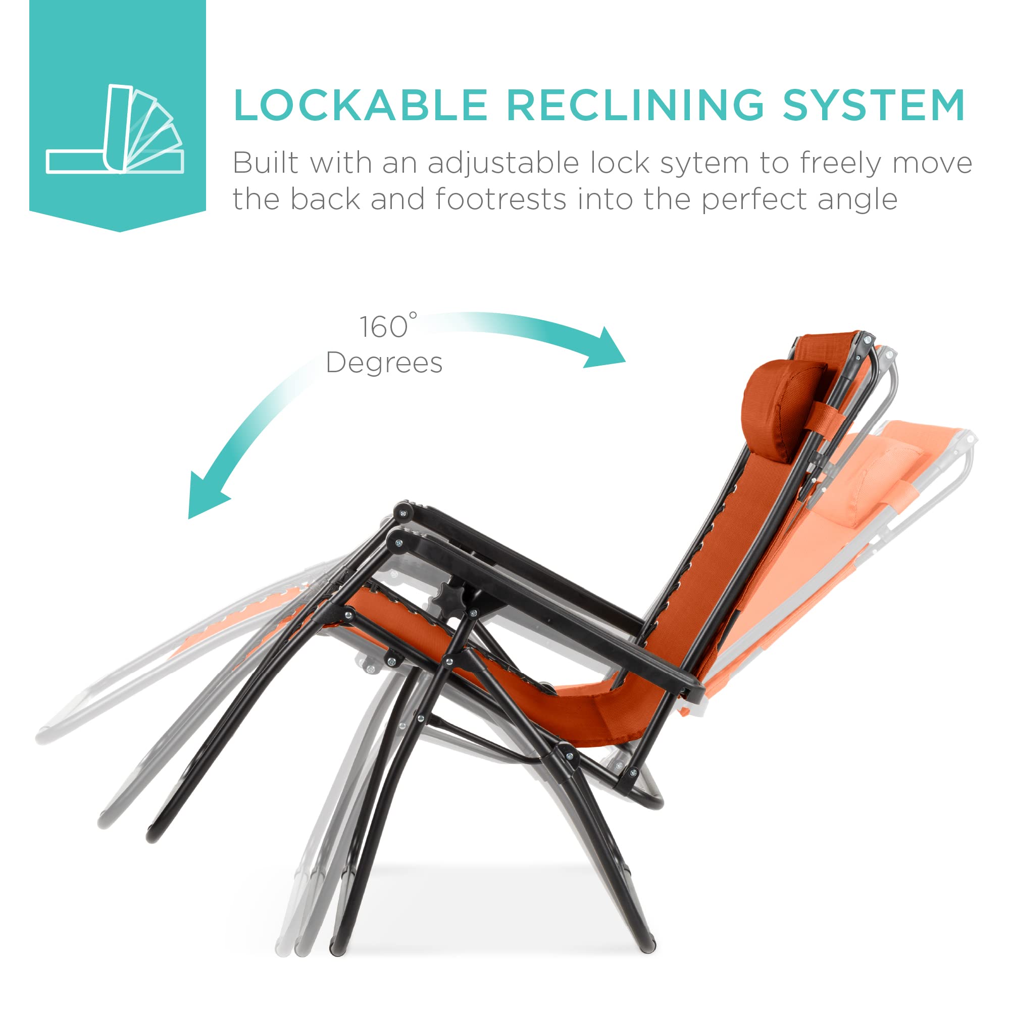 Best Choice Products Folding Zero Gravity Outdoor Recliner Patio Lounge Chair W/Adjustable Canopy Shade, Headrest, Side Accessory Tray, Textilene Mesh - Burnt Orange