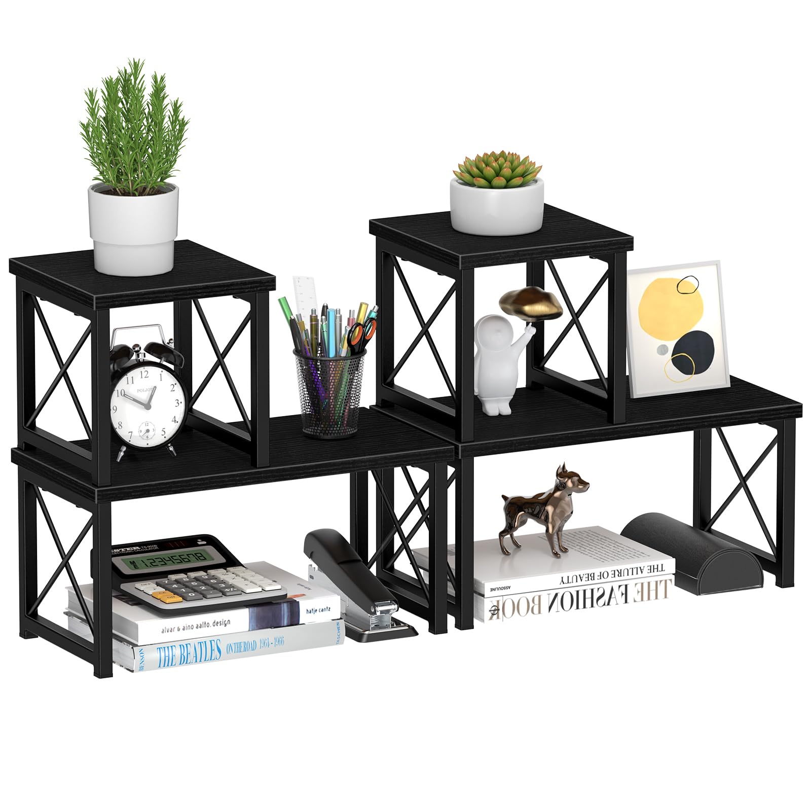 Honiter 2 Sets Desk Shelf, Desktop Organizer Shelf, Freestanding Small Bookshelf Desk Organizer, 2 Tier Independent Stackable De