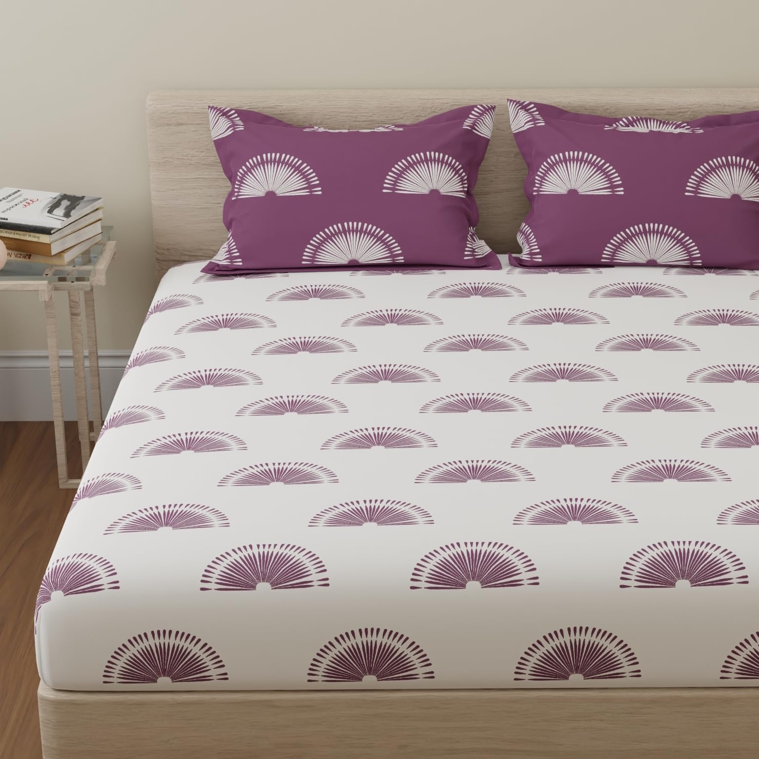 Huesland By Ahmedabad Cotton 144 Tc King Bed Bedsheet Cotton With 2 Pillow Covers | Sunrise | White & Grape Purple