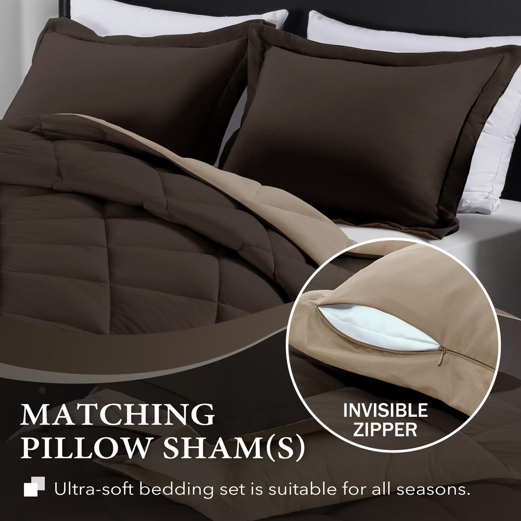 Downluxe Full Size Comforter Set - Brown And Tan Full Comforter - Soft Bedding Sets For All Seasons -3- Piece Comforter Set Full With 2 Reversible Pillow Shams