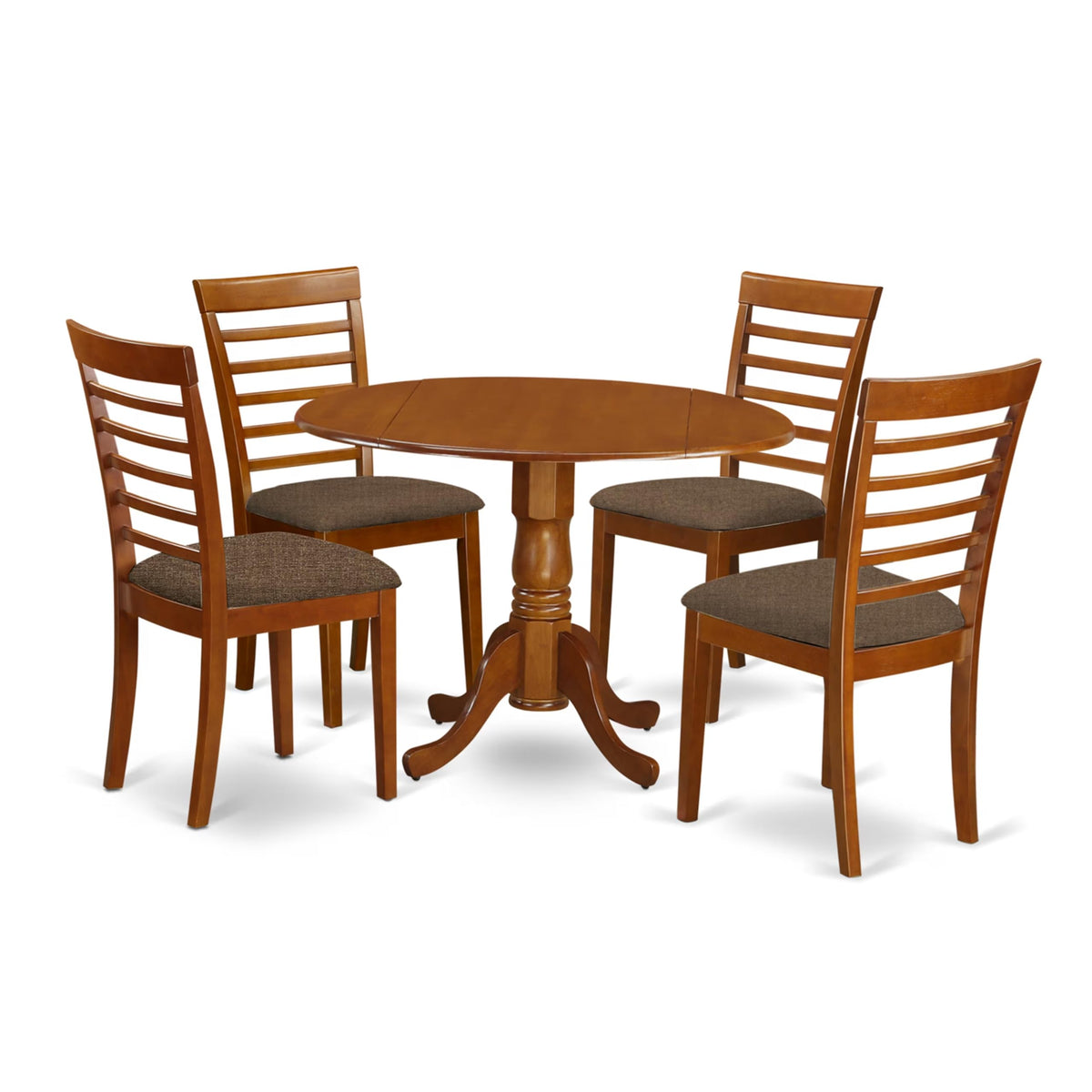 East West Furniture DLML5-SBR-C 5 Piece Dinette Set for 4 Includes a Round Dining Room Table with Dropleaf and 4 Linen Fabric Upholstered Dining Chairs, 42x42 Inch, Saddle Brown