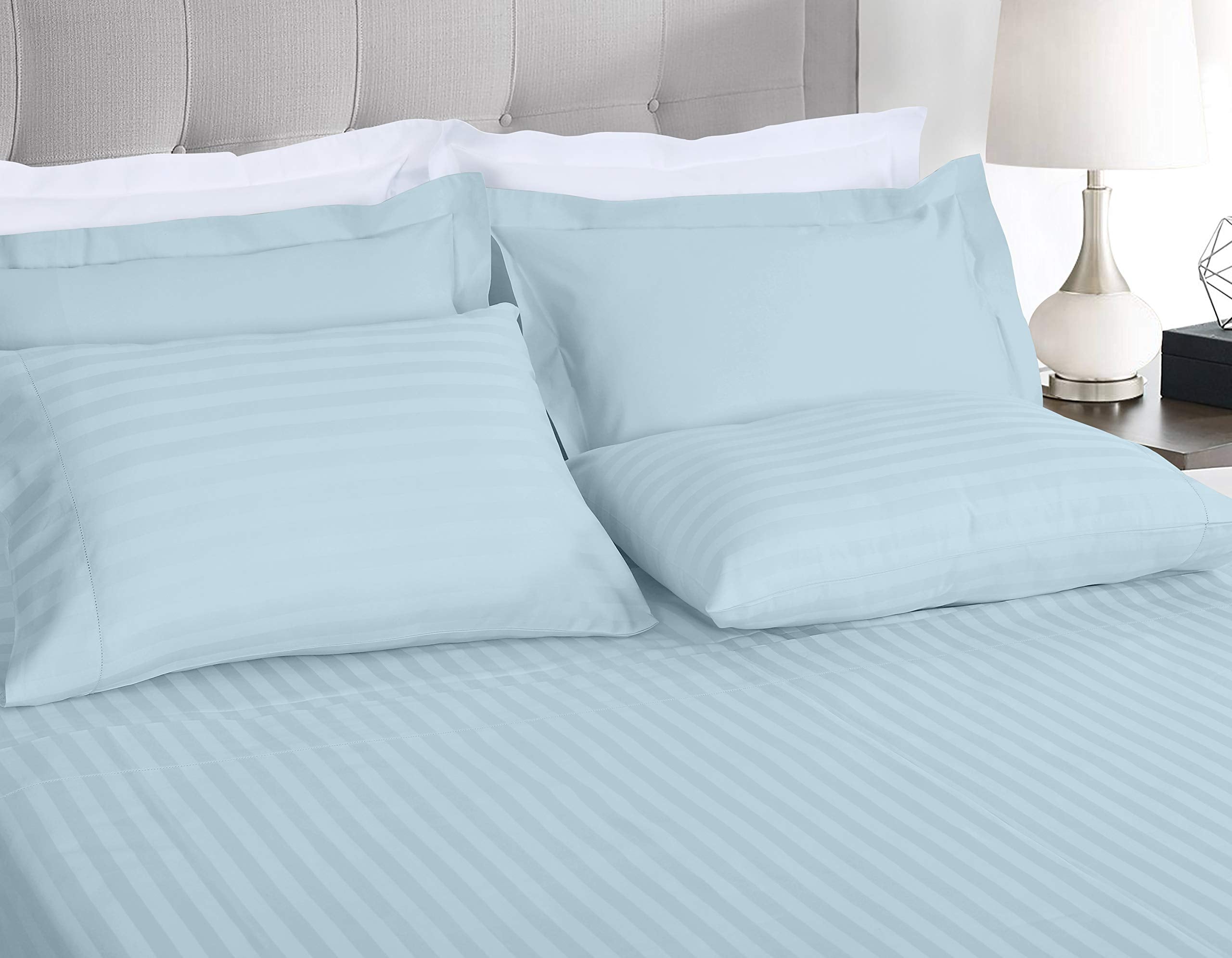 Threadmill 500 Thread Count King Size Damask Stripe, 4 Pc Luxury Cotton Bed Sheet Set, Breathable Light Blue Sheets With 16'' El