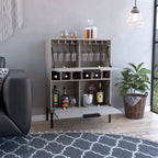 bar-coffee 43"" H, with metal legs, Kitchen or living cabinet with 1 upper swing door drawer, 2 cup holders inside, 1 central shelf, and 1 lower divided drawer, ligh gray