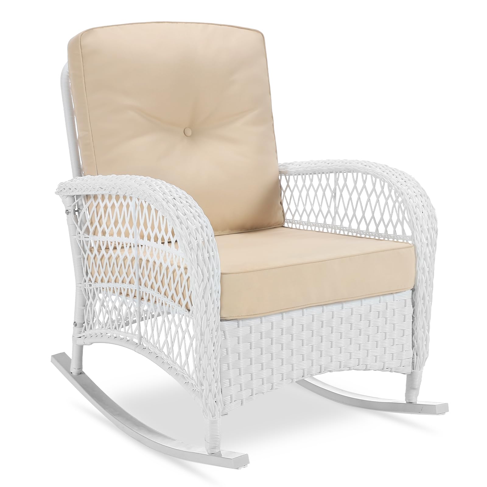 Vivijason Outdoor Wicker Rocking Chair, Patio Rattan Rocker Chair With Cushions & Steel Frame, All-Weather Rocking Lawn Wicker Furniture For Garden Backyard Porch (White Wicker/Beige)