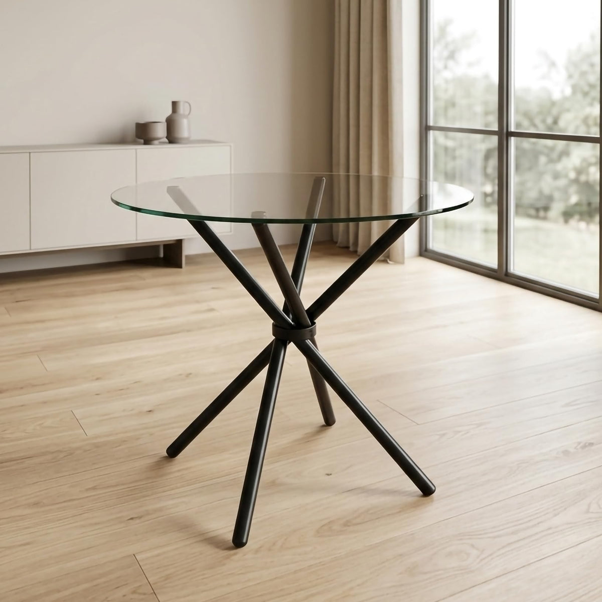 Round Glass Dining Table 30 Inch Diameter With 10 Mm Toughened Clear Glass Top Folding Stainless Steel Grade 202 Frame Compact T