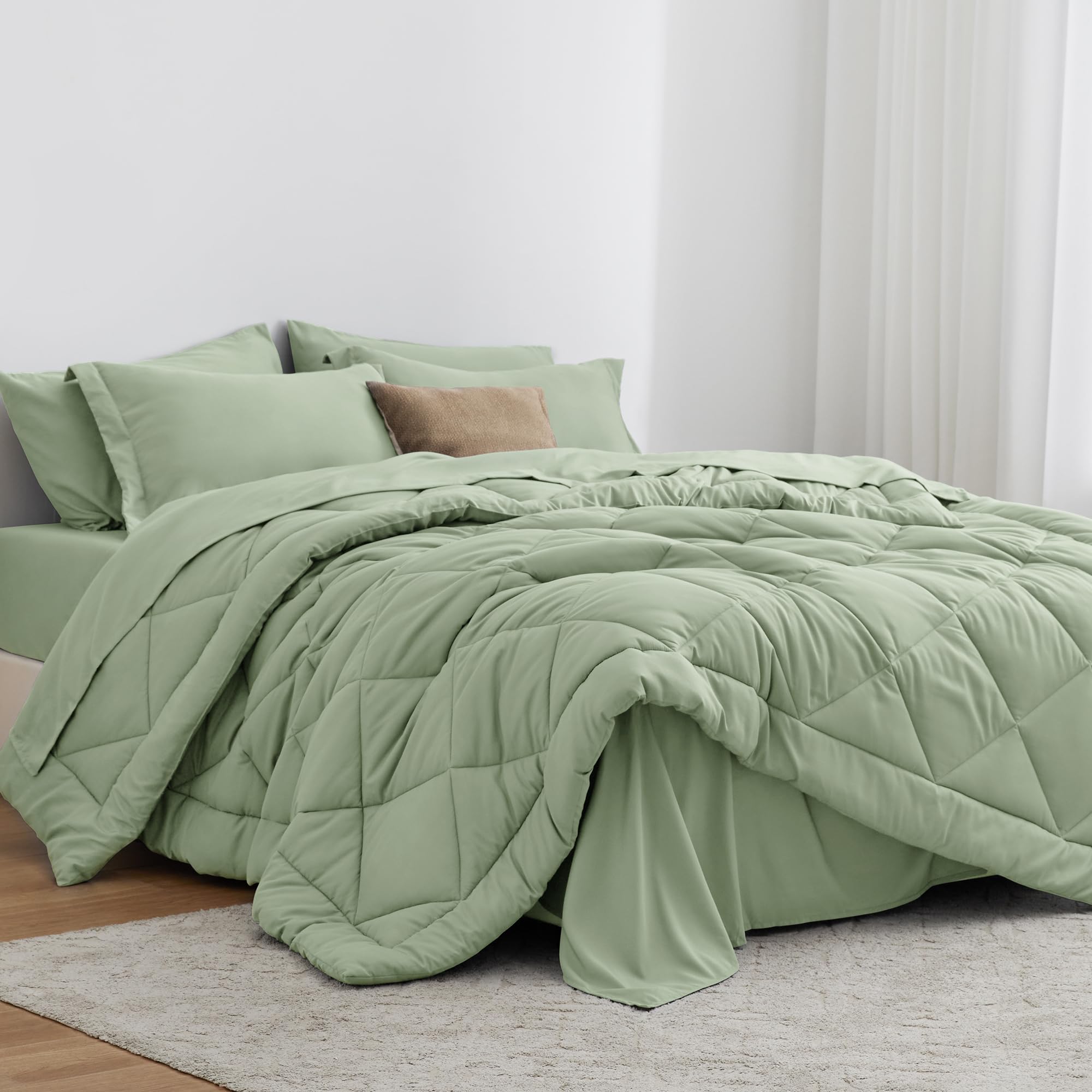 Love 'S Cabin King Size Comforter Set - Sage, 7-Piece King Bed In A Bag, All Season Bedding Set With 1 Comforter, 1 Flat Sheet,