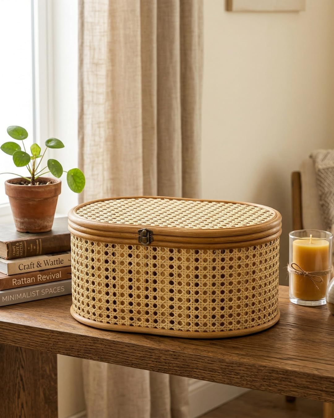 Dorata Decor Handcrafted Rattan Storage Box Set of 2 with Lid | Oval Cane Storage Baskets | Decorative Organizer for Clothes, To