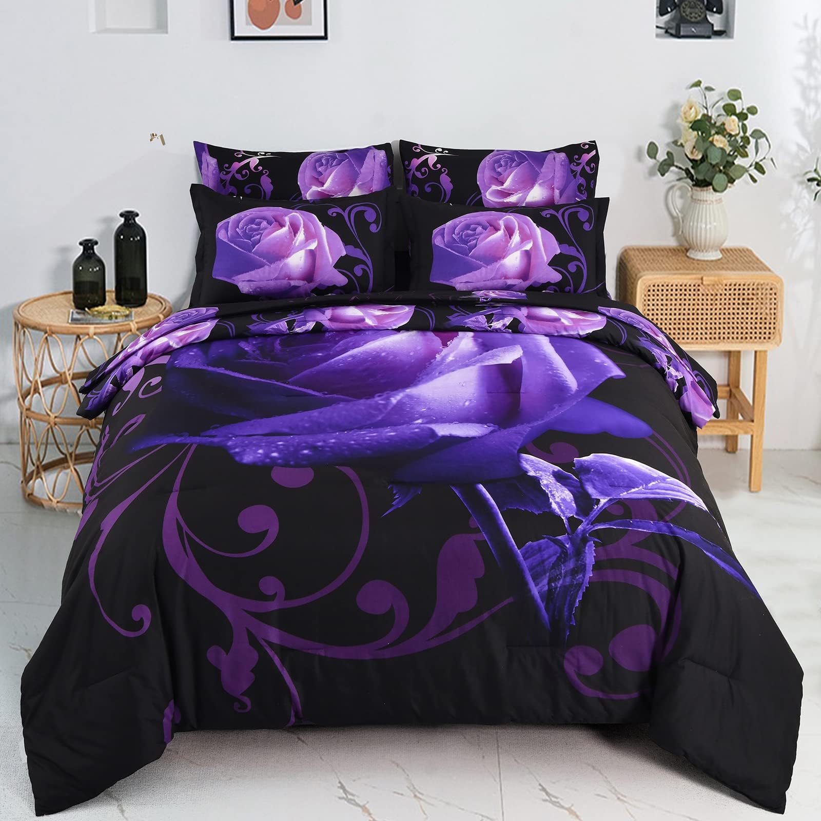 Floral Comforter Set King 7 Piece Bed In A Bag Purple Rose Flower Comforter With Sheet Set Soft Micorfiber Bedding Set (1 Comfor