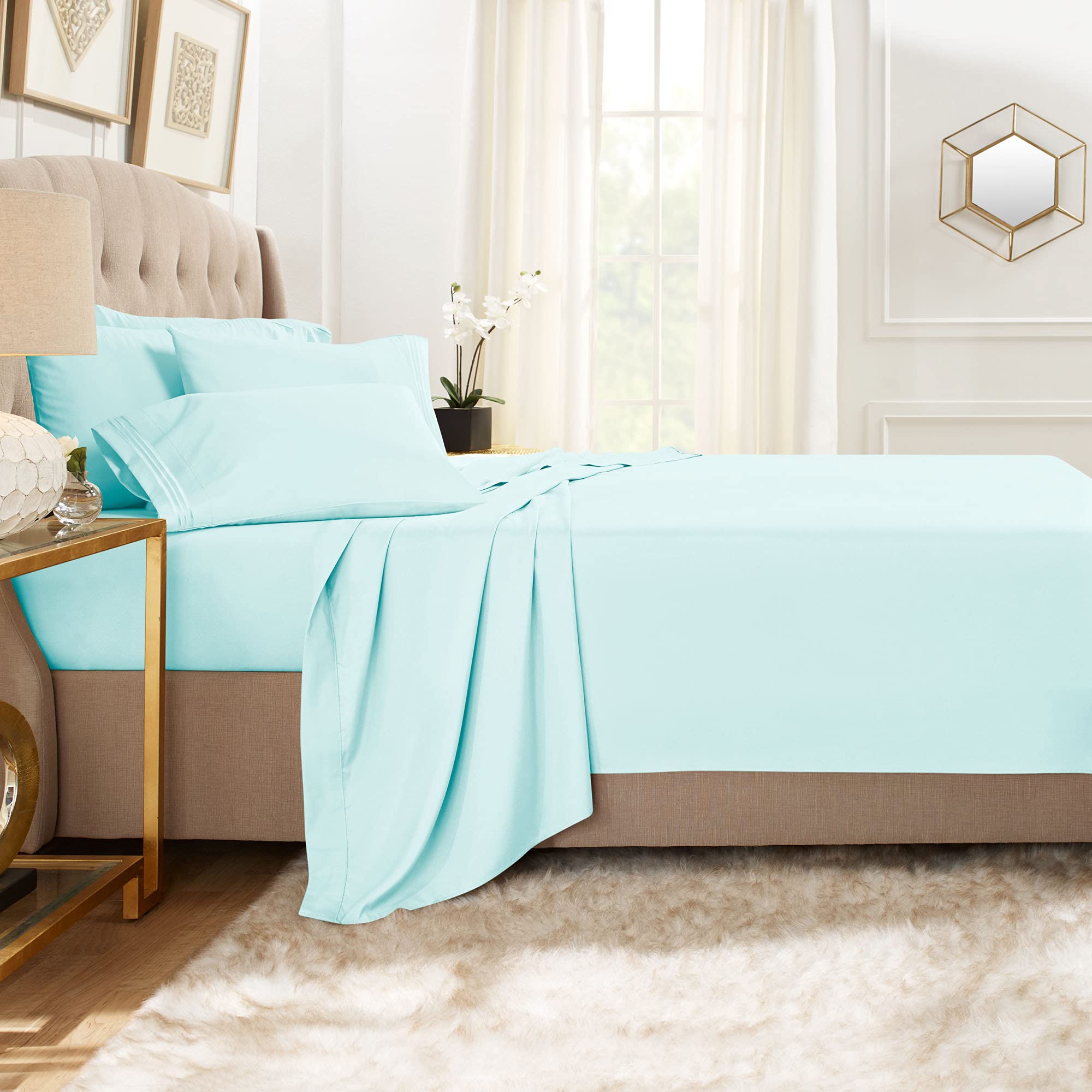 Clara Clark Queen Sheets, 6 Piece Set - Hotel Luxury Sheets For Queen Size Bed, Super Soft Bedding Sheets & Pillowcases, Queen Size Sheets, Aqua Light Blue