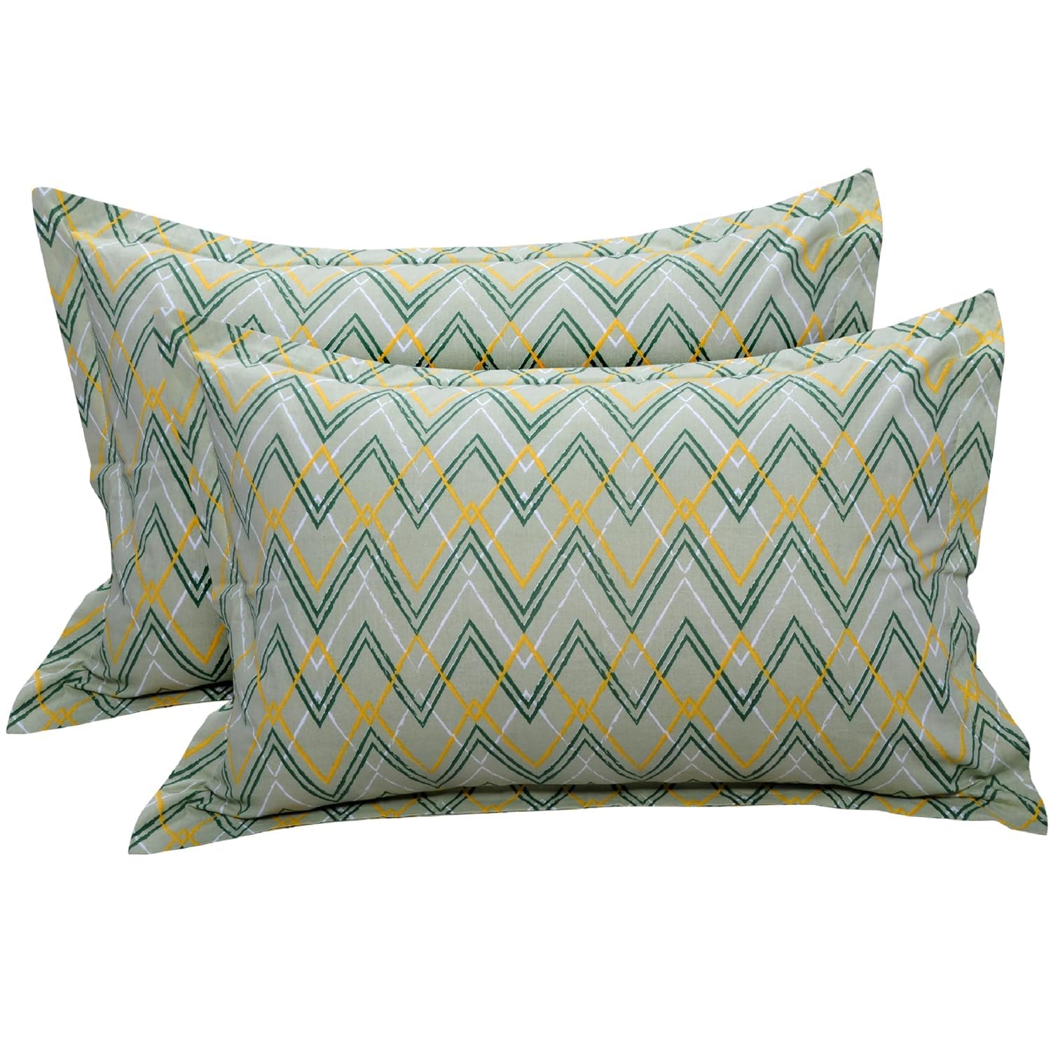 Huesland By Ahmedabad Cotton 144 Tc Cotton Pillow Covers Set Of 2  Green, Yellow & White