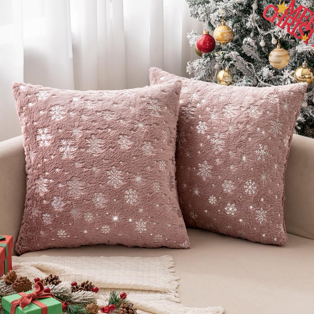 Miulee Christmas Set Of 2 Decorative Throw Pillow Covers Soft Faux Fur Winter Pillow Covers With Silver Snowflake Glitter Cute C