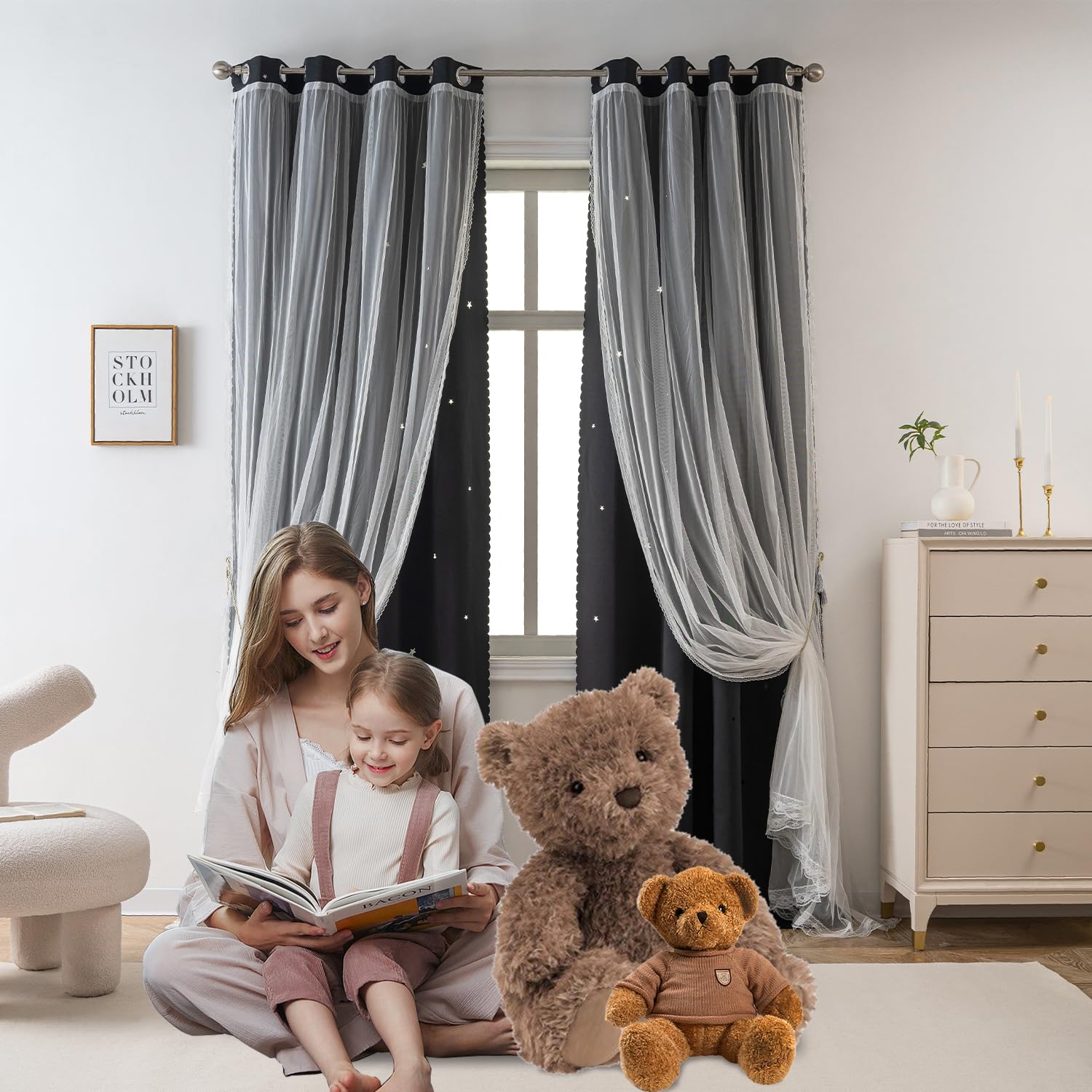 Yancorp Black Curtains For Bedroom Living Room Thermal Insulated Kids Curtain Hollow-Out Star Window Nursery Curtain 96 Inches Length Room Darkening Grommet(Black,52 * 96),1 Panel