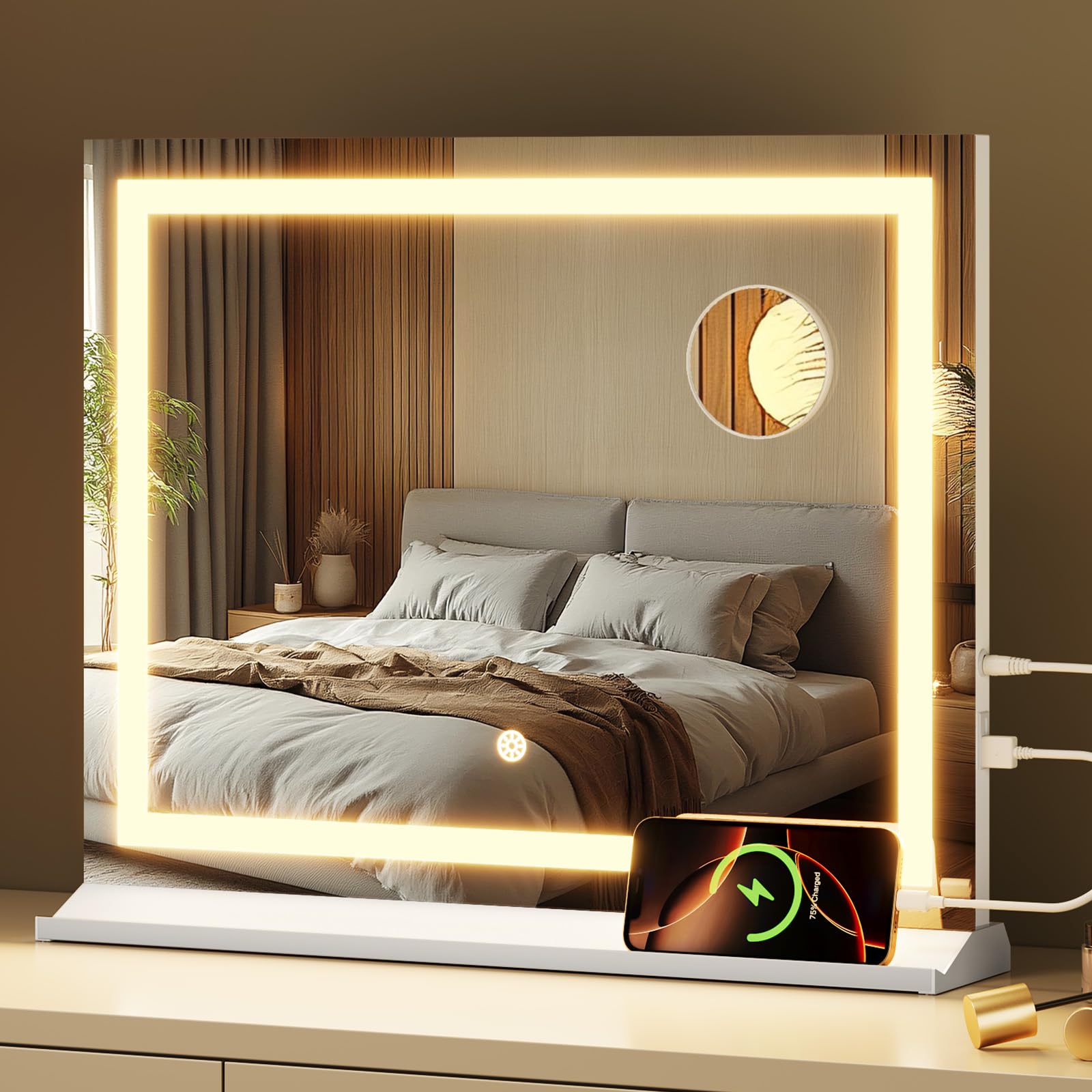 Memobarco Vanity Mirror with Lights, 23x 18 Makeup Mirror with 3 Color Modes 5X Magnification & USB/Type-C Charging Port, Large 