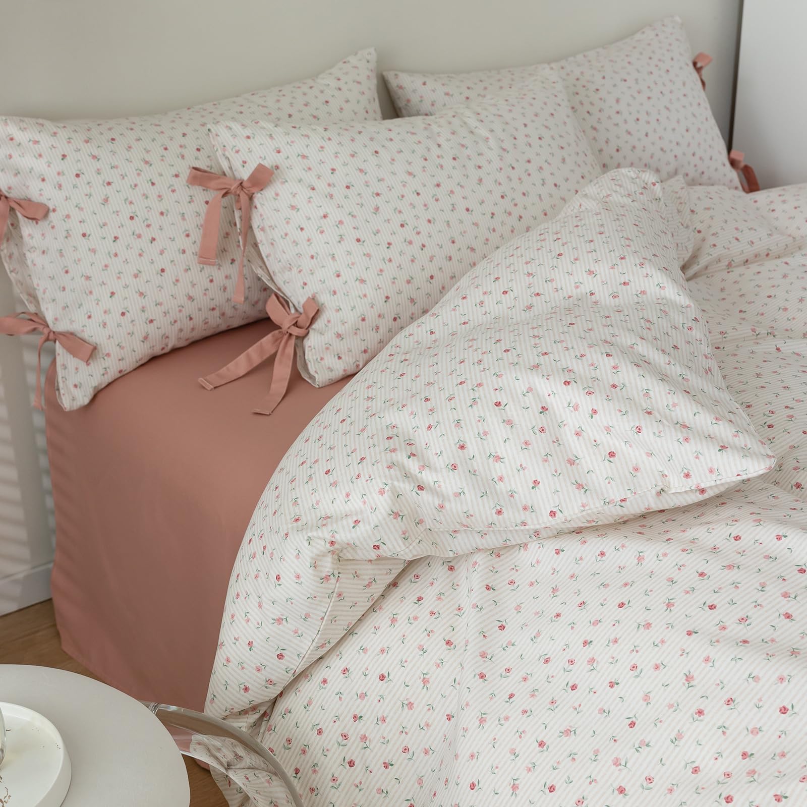 Floral Print Duvet Cover Full Boho Aesthetic Bedding Duvet Cover Cotton Comforter Cover Girl Pink Flower Duvet Cover With 2 Bowk
