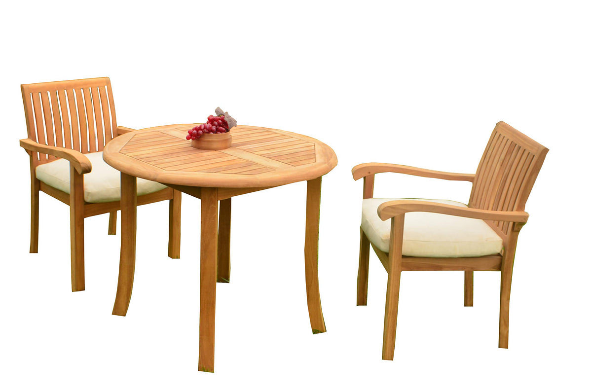 3 PC A Grade Outdoor Patio Teak Dining Furniture Set - 36 Round Table & 2 Naples Stacking Arm Chairs