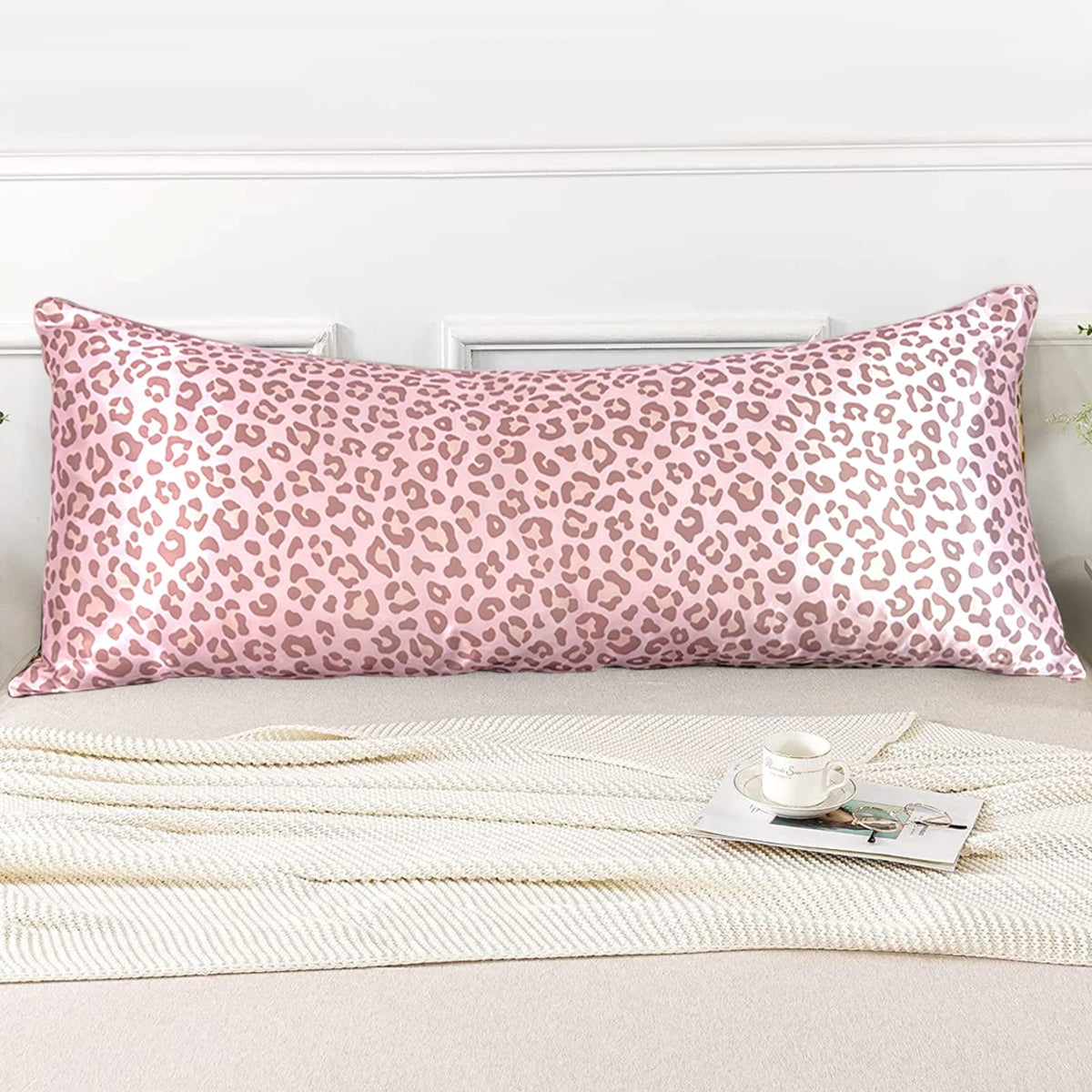 LCBD Satin Body Pillow Case, 20x54", Pink Leopard Print, Silk Satin, Model PLP-BD, Cooling Pillow Cover with Envelope Closure