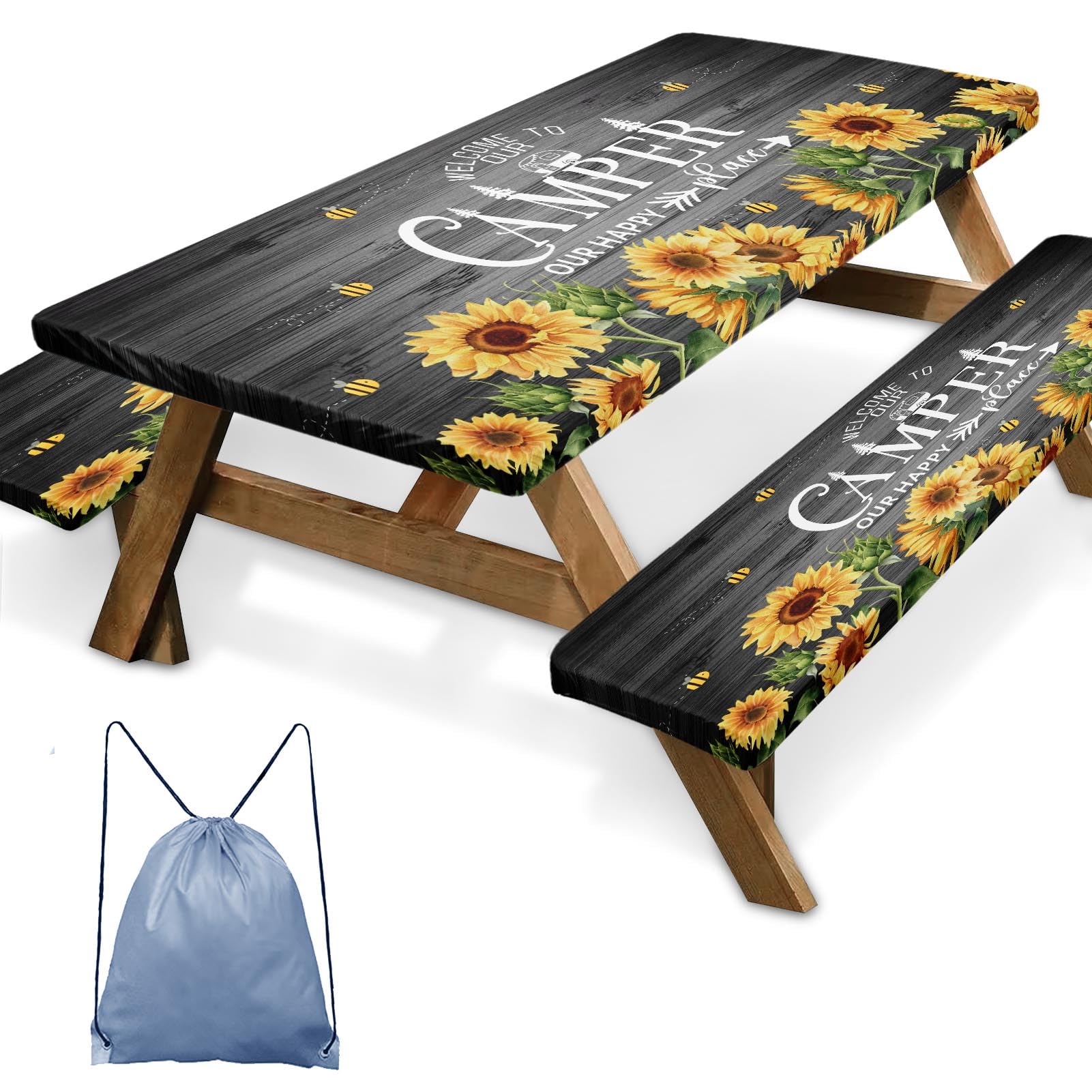Nesphy Sunflower Picnic Table Cover with Bench Covers, Rustic Grey Wooden Summer Floral Farmhouse Outdoor Camping Essentials 6FT