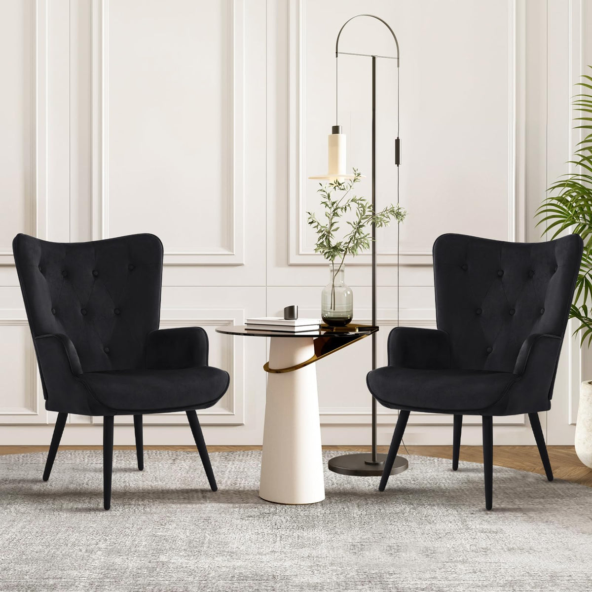 Furnimart Accent Chairs Set Of 2, Black Velvet Chair Reading Chair Armchair With High Backrest, Wingback Corner Chair Mid Centur