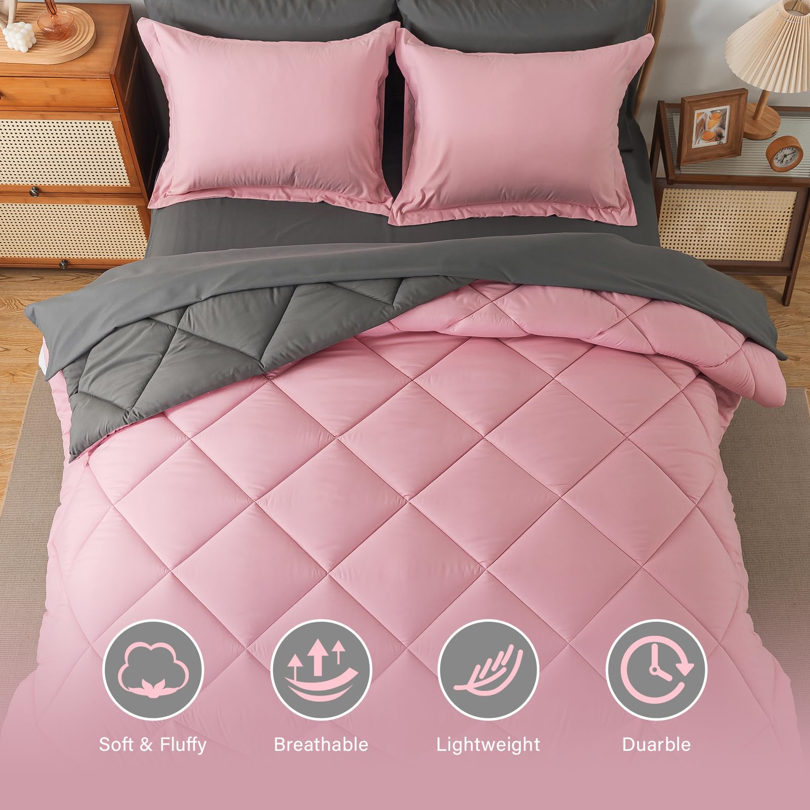 Cosybay Bed In A Bag Full Comforter Sets 7Pcs All Season Solid Down Alternative Bedding Sets Pink And Grey With Comforter, Pillo