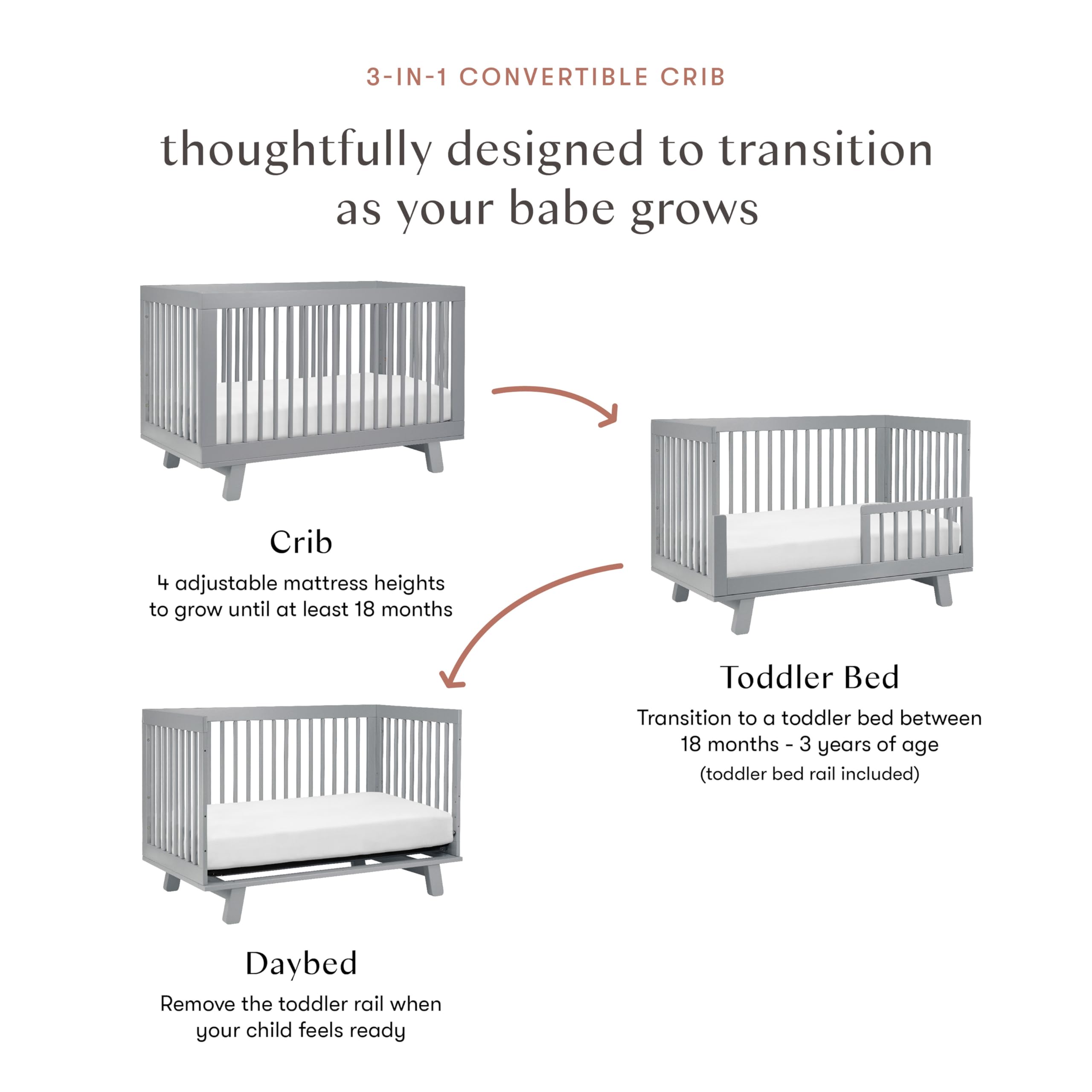 Babyletto Hudson 3-In-1 Convertible Crib With Toddler Bed Conversion Kit In Grey, Greenguard Gold Certified