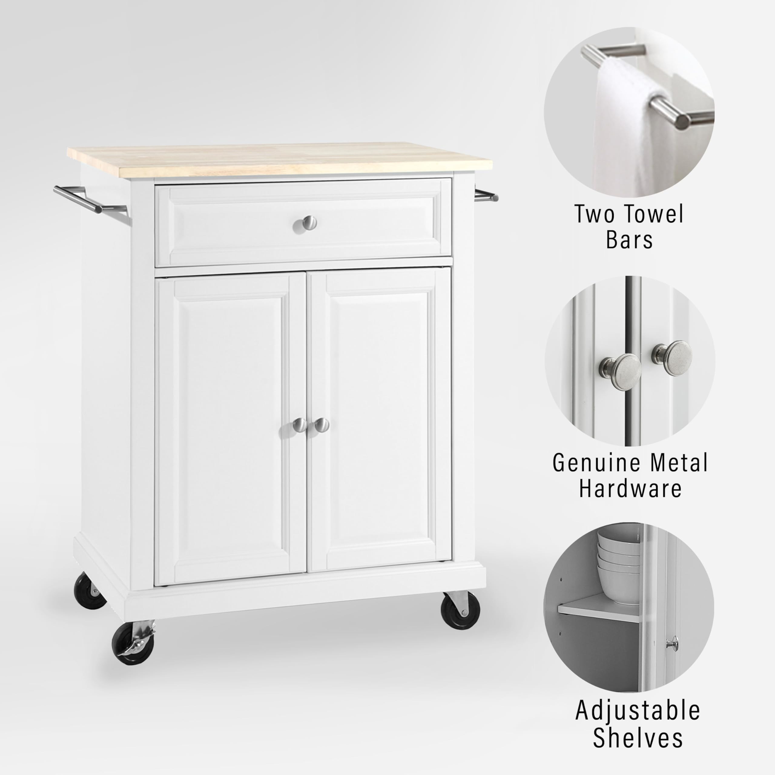 Crosley Furniture Compact Wood Top Small Rolling Cart with Shelves, Microwave Stand with Towel Rack, White