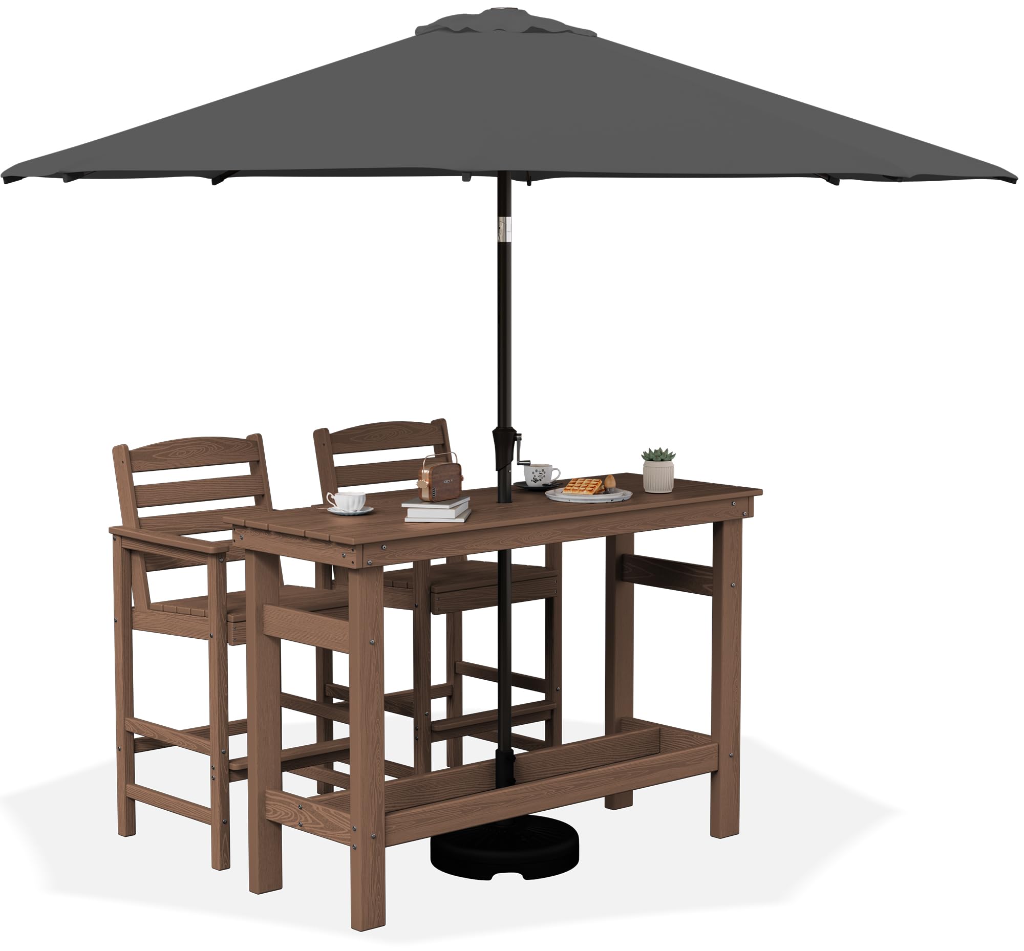 SERWALL Outdoor Bar Set with 9ft Umbrella, All-Weather HDPE Patio Bar Chairs and Table, Outdoor Furniture Set, Brown (Umbreall B