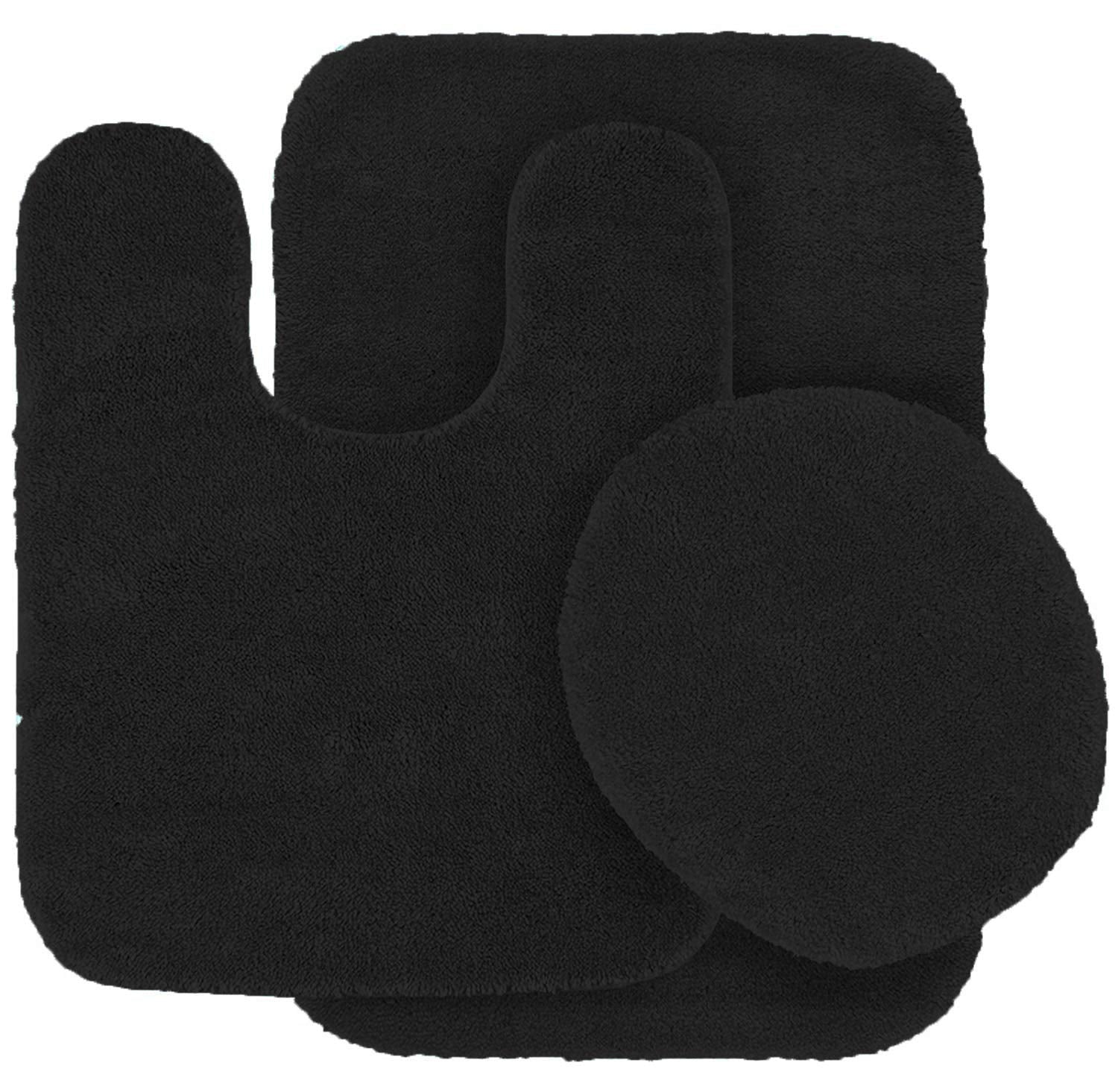 Linen Plus 3pc Solid Non Slip Soft Bath Rug Set for Bathroom U-Shaped Contour Rug, Mat and Toilet Lid Cover New Angela (Black)
