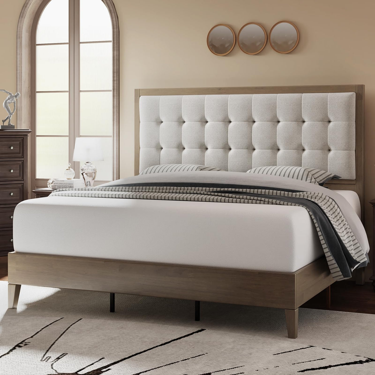 Jocisland Wood Platform Bed Frame Full Size Upholstered Tufted Headboard/Solid Wood Bed No Box Spring Needed,Ash Gray