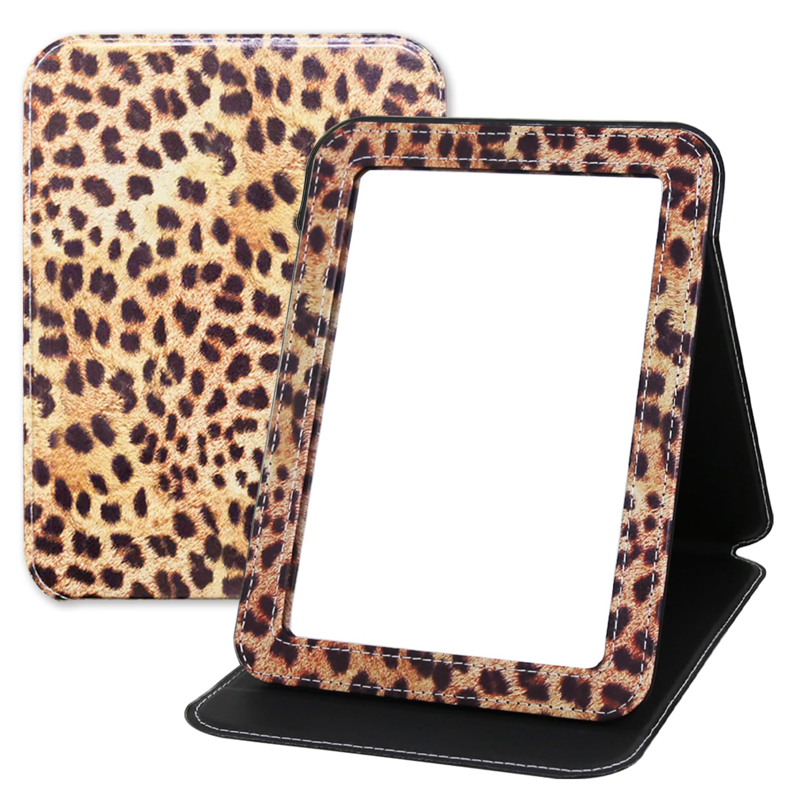 GLINTZ Makeup Mirror, 6.5x8.9 Inches Portable PU Leather Mirror, Folding Desktop Vanity Mirror with Adjustable Stand for Vanity 