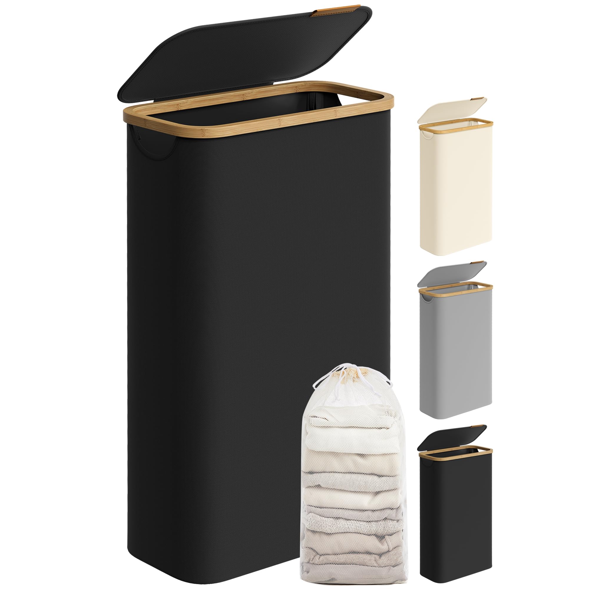 SONGMICS Laundry Hamper with Lid, Slim Laundry Basket, 17.2 Gallons (65L), Space-Saving, Removable Mesh Liner, Bamboo Handles, C