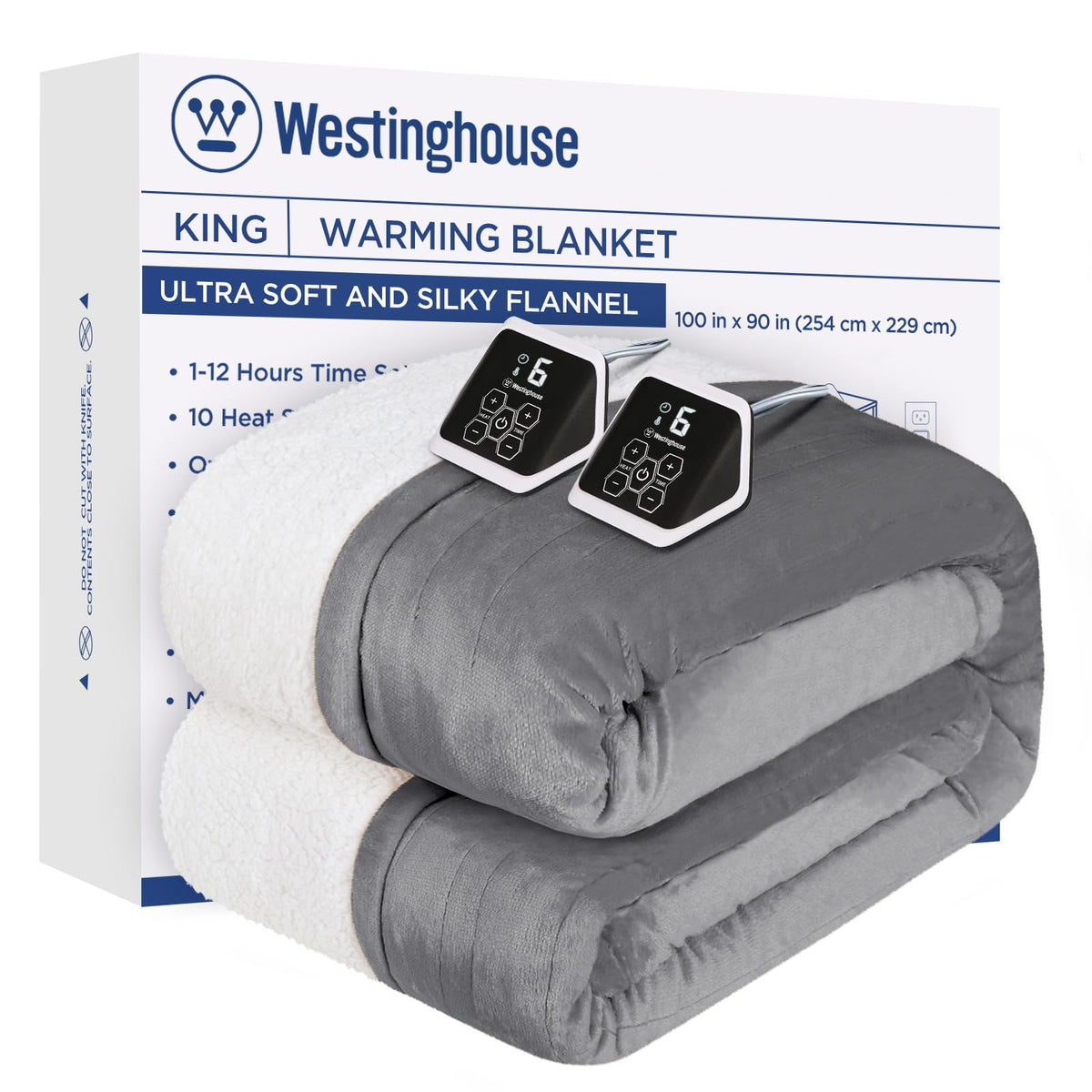 Westinghouse Heated Blanket King Size, Soft Flannel To Sherpa Electric Blanket With 10 Heating Levels, 12 Hours Auto Off, Fast H
