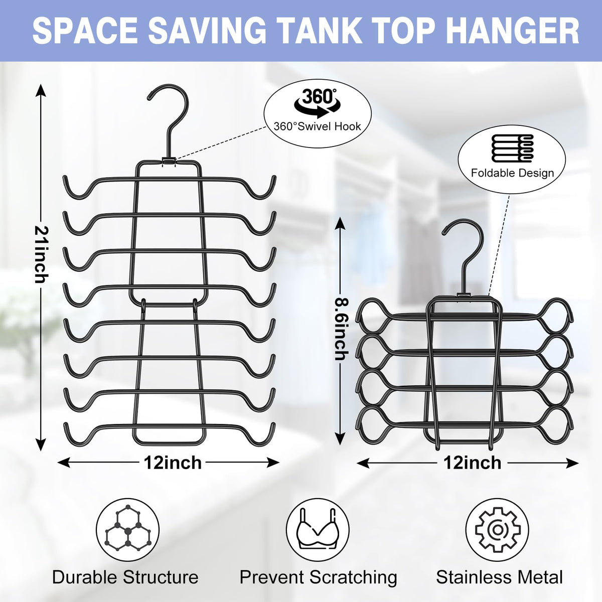 2Pcs Tank Top Hangers Space Saving Hanger Organizer Bra Hangers For Closet Organizer 360 Rotating Metal Closet Organizers And St