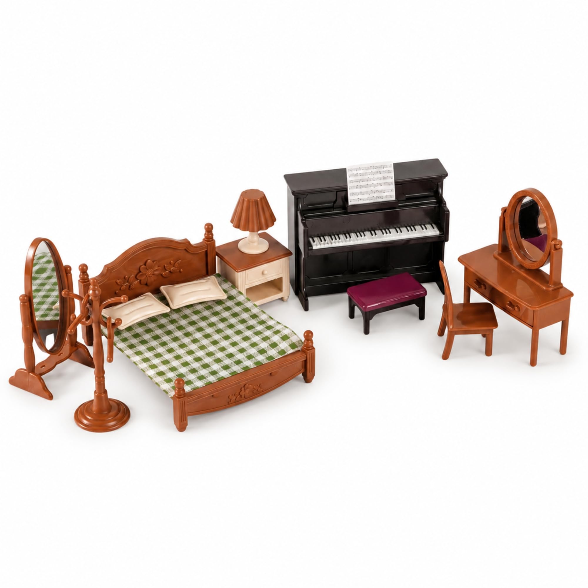 OLEOCA Family Deluxe Dollhouse Bedroom Set - Bed & Bedspread, Piano & Bench, Vanity, Nightstand, Floor Mirror, Chair, Lamp & Coa