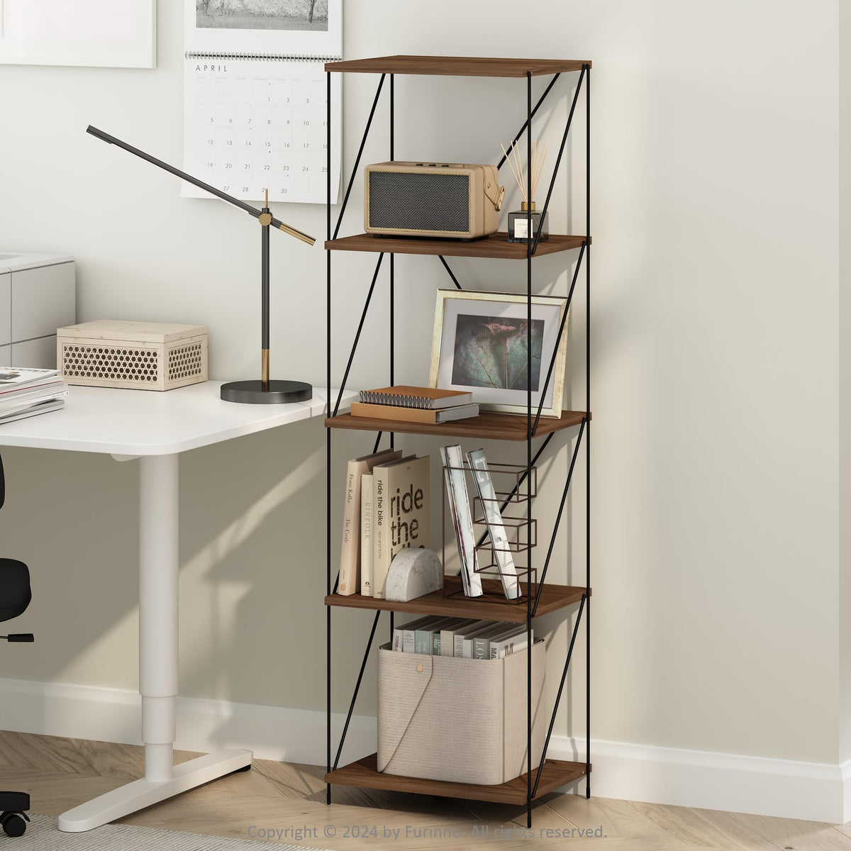 Furinno Wire 5-Tier Industrial Style Metal Frame Bookcase, Display Shelf, 16 Wide, Walnut Cove