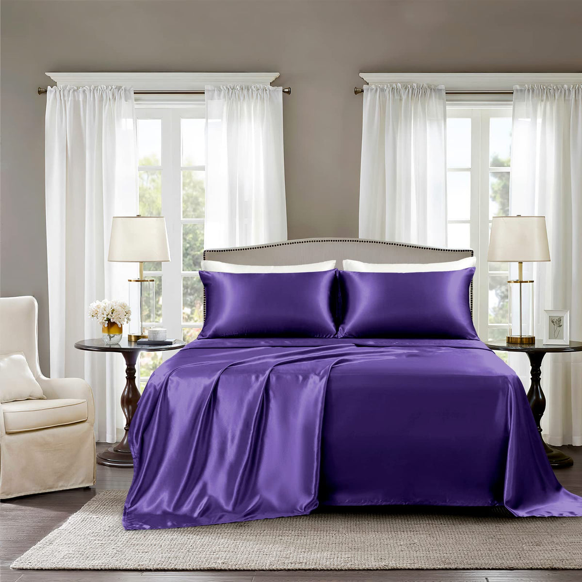 GOLAL Queen Satin Bed Sheets Set - 4 Pieces Luxury Soft Dark Purple, Wrinkle-Free with Fitted, Flat Sheet & Pillowcases