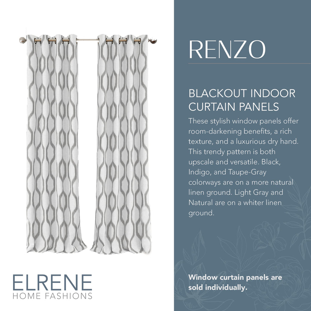 Elrene Home Fashions Renzo Ikat Geometric Room-Darkening Window Curtain, Living Room And Bedroom Drape With Grommets, 52''X84'',