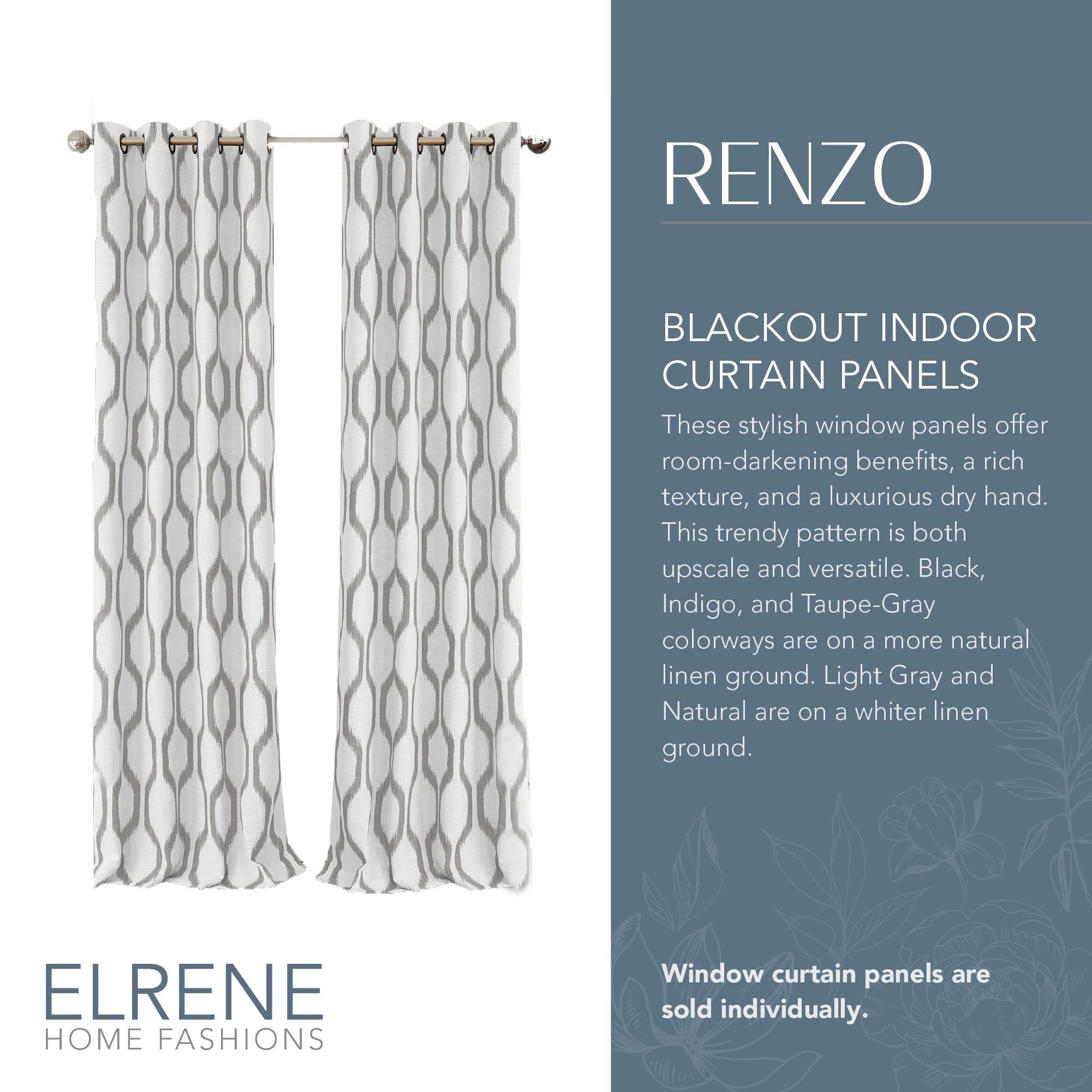 Elrene Home Fashions Renzo Ikat Geometric Room-Darkening Window Curtain, Living Room And Bedroom Drape With Grommets, 52''X84'',