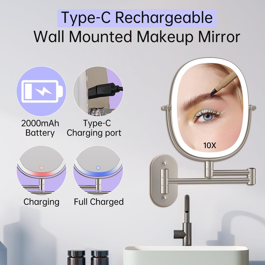 Funtouch Wall Mounted Lighted Makeup Vanity Mirror, Double Sided 1X 10X Magnifying Bathroom Mirror, 3 Color Lighting Option Dimm