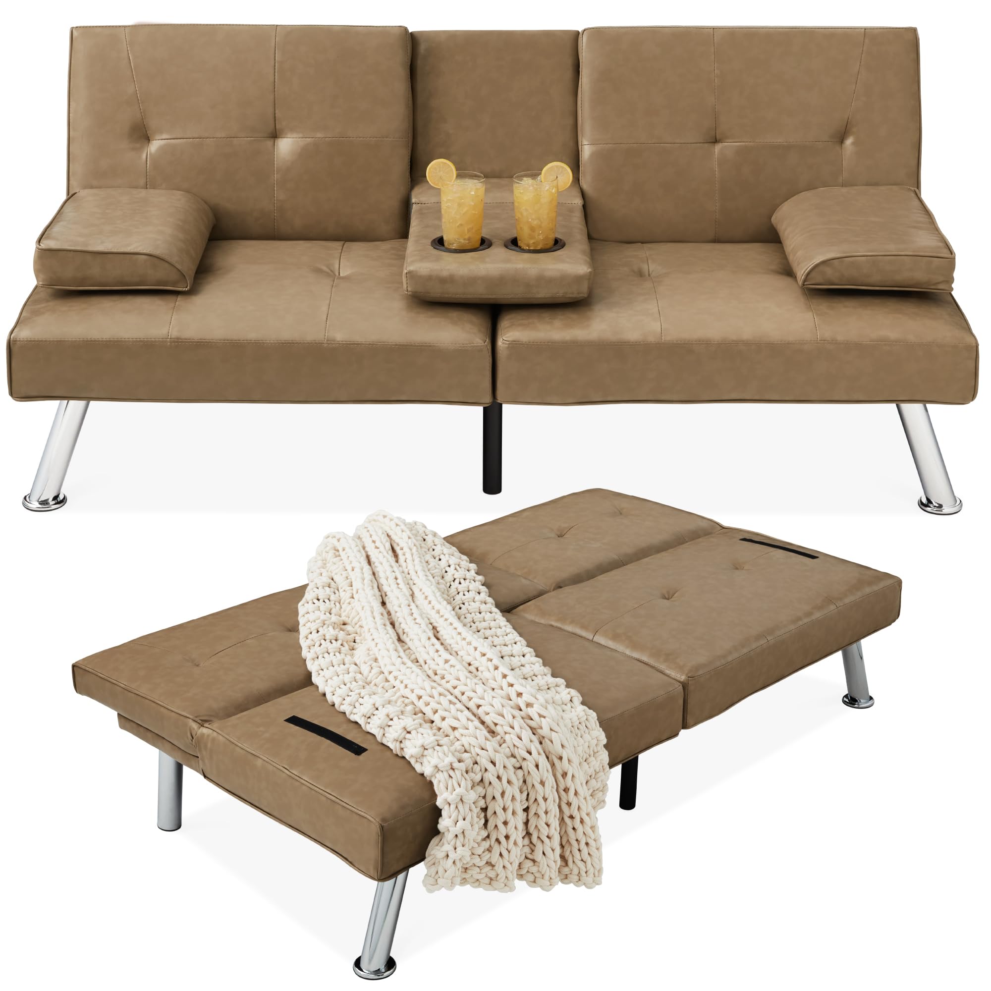 Best Choice Products Faux Leather Upholstered Modern Convertible Futon, Adjustable Folding Sofa Bed, Guest Bed W/Removable Armrests - Taupe