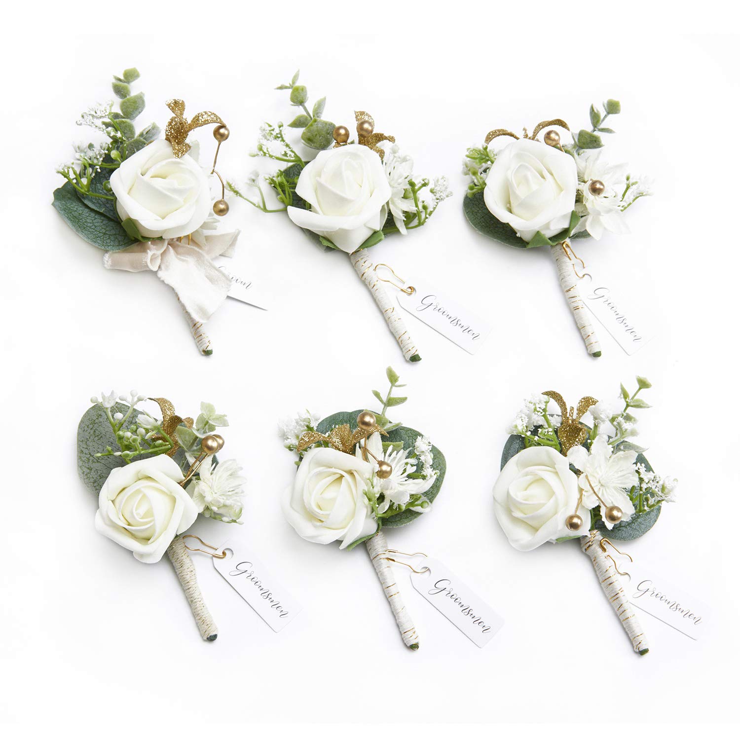 Lings Moment White Baby Breath Boutonniere for Men (Set of 6), Ivory Eucalyptus Groom Groomsmen Boutonniere for Wedding,Prom,Ho