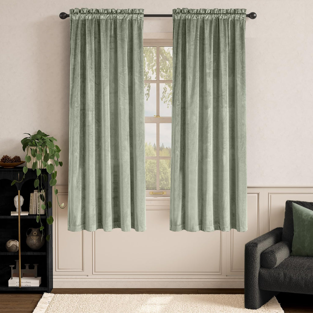 Lazzzy Green Velvet Curtains Room Darkening Thermal Insulated Curtains 72 Inch Long Window Drapes For Bedroom Living Room Super Soft Luxury Rod Pocketwindow Treatment 2 Panels, Grayish Green