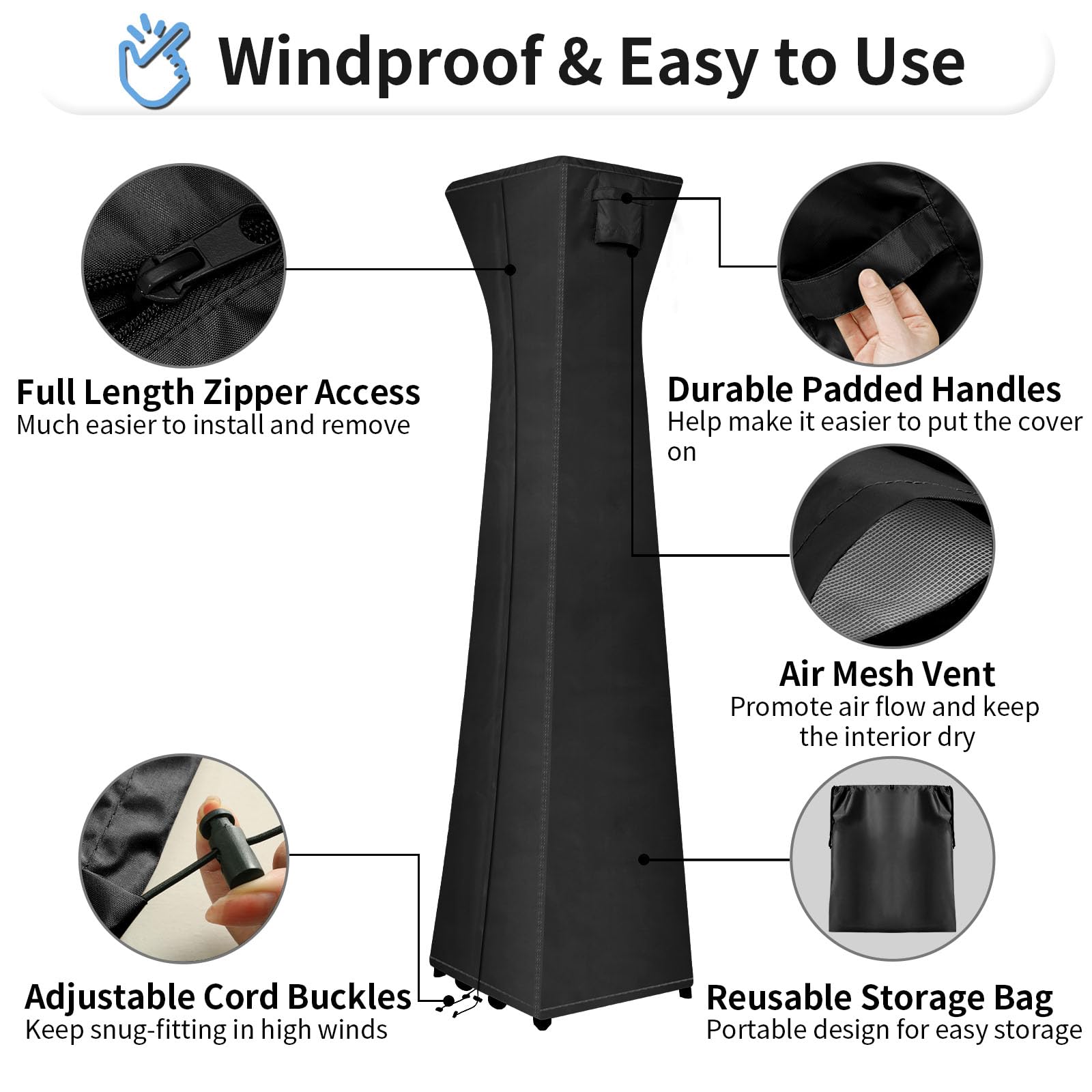 Outdoorlines Waterproof Outdoor Patio Heater Covers With Zipper And Storage Bag, Dust-Proof Uv-Resistant Windproof Propane Heavy Duty Heater Cover For Standing Heater, 2 Packs-90Hx23Lx23W Inch Black