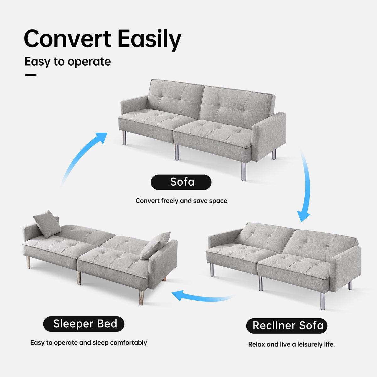 American Furniture Classics Light Grey Tufted Futon Convertible Sofa Sleeper with Two Throw Pillows Velvet, 85" x 35" x 35"