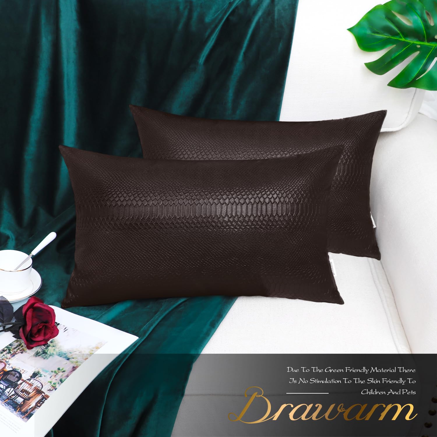 Brawarm Brown Leather Throw Pillows 12 X 20 Inches, Snake Leather Pillow Covers Pack Of 2, Faux Leather Decorative Lumbar Pillow