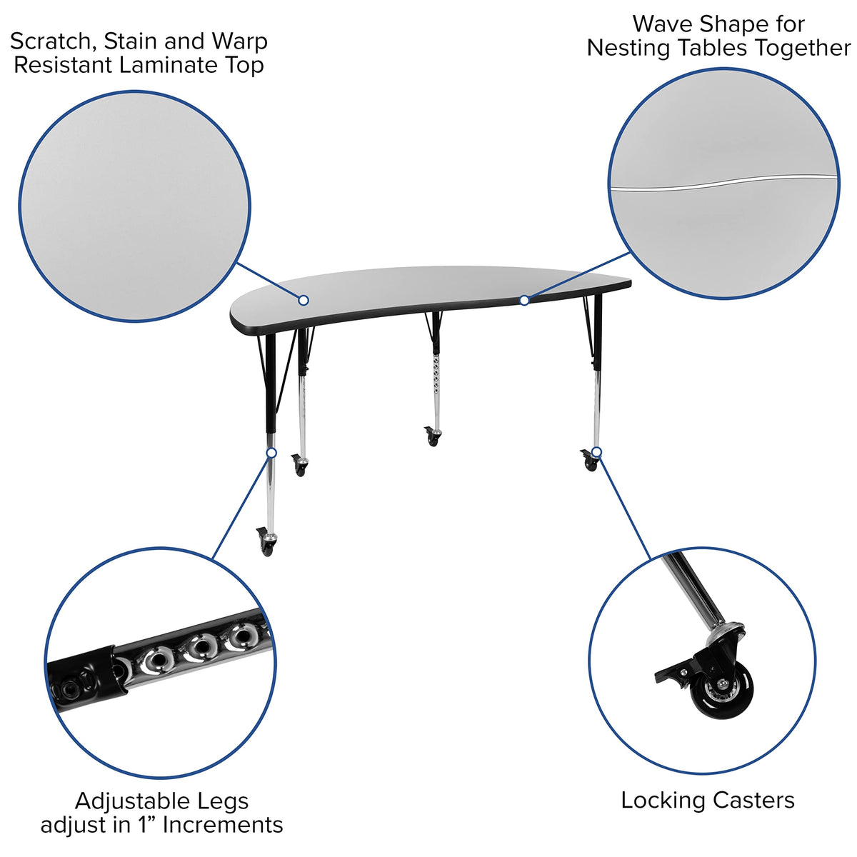 Flash Furniture Emmy 3 Piece Mobile 86" Oval Wave Flexible Grey Thermal Laminate Activity Table Set-Standard Height Adjustable Legs