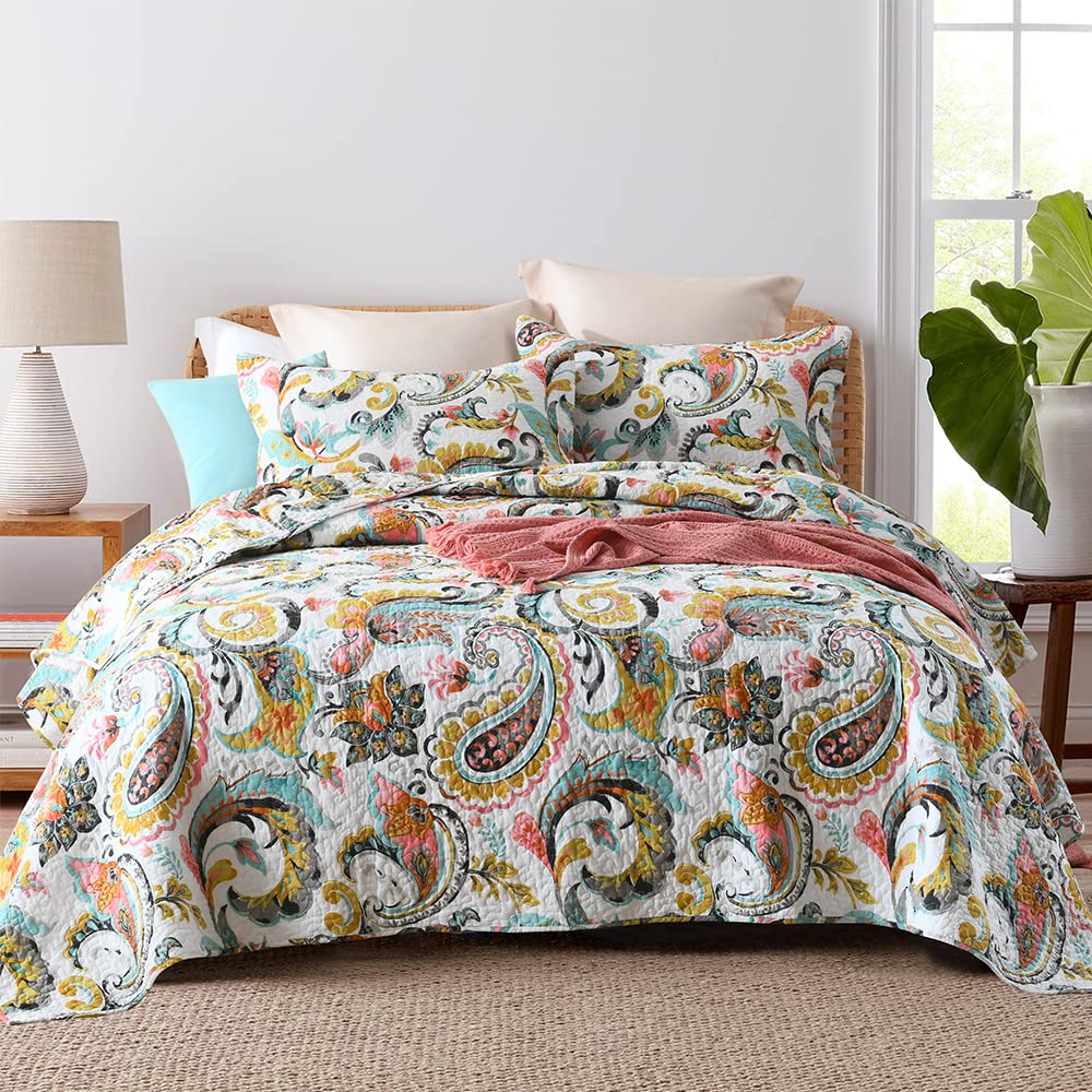 Visimisi Cotton Bedspread Quilt Sets Reversible Bedding Coverlet Sets Comforter Paisley Floral Bedspread (White Paisley Floral,